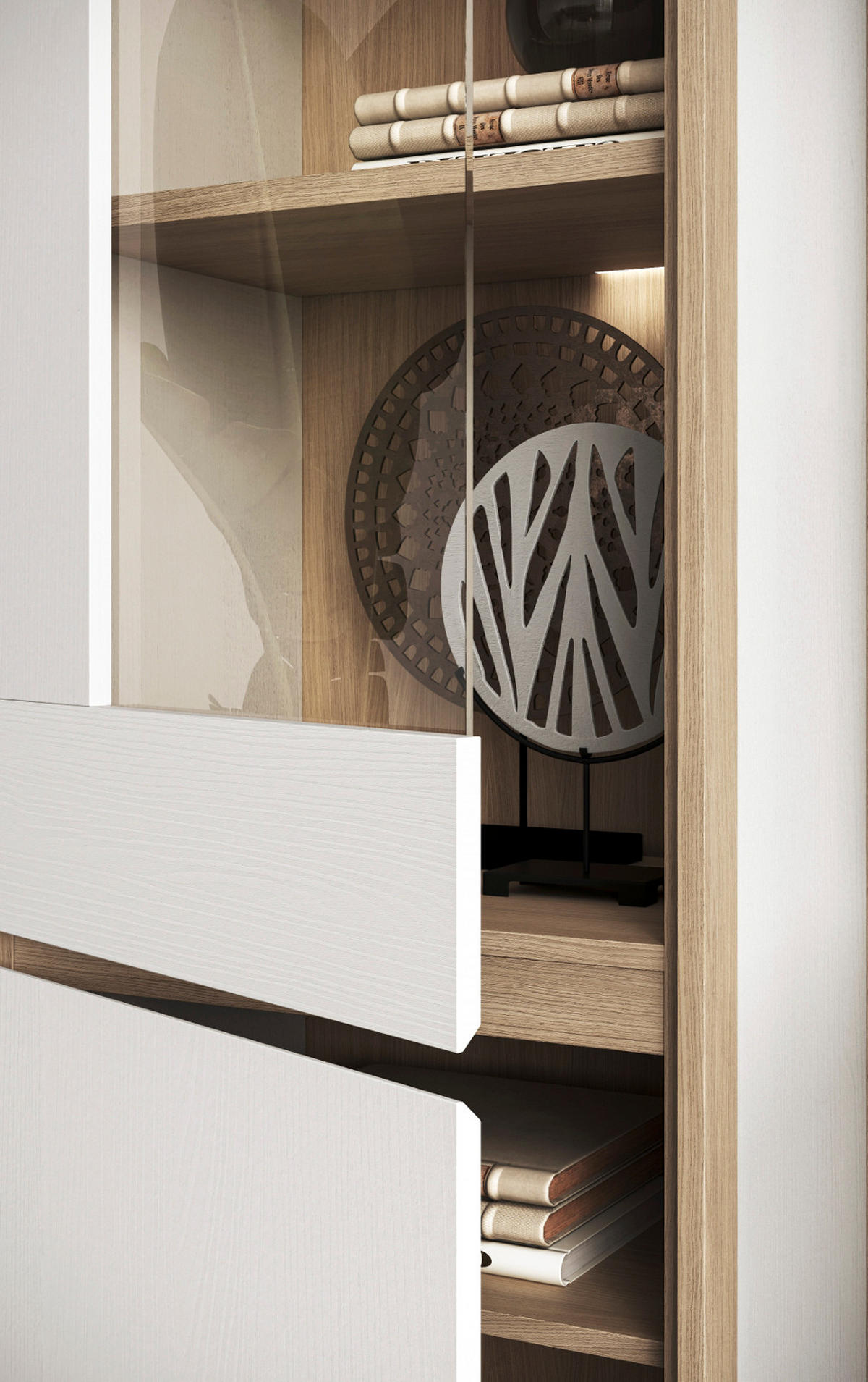 WOHNWAND weiß, Eiche 4-teilig 360 cm, Wohnkombination skandinavisch mit Soft-Close, Finnes - Eichefarben/Weiß, Holzwerkstoff/Metall (363/195/39cm) - Furn.Design