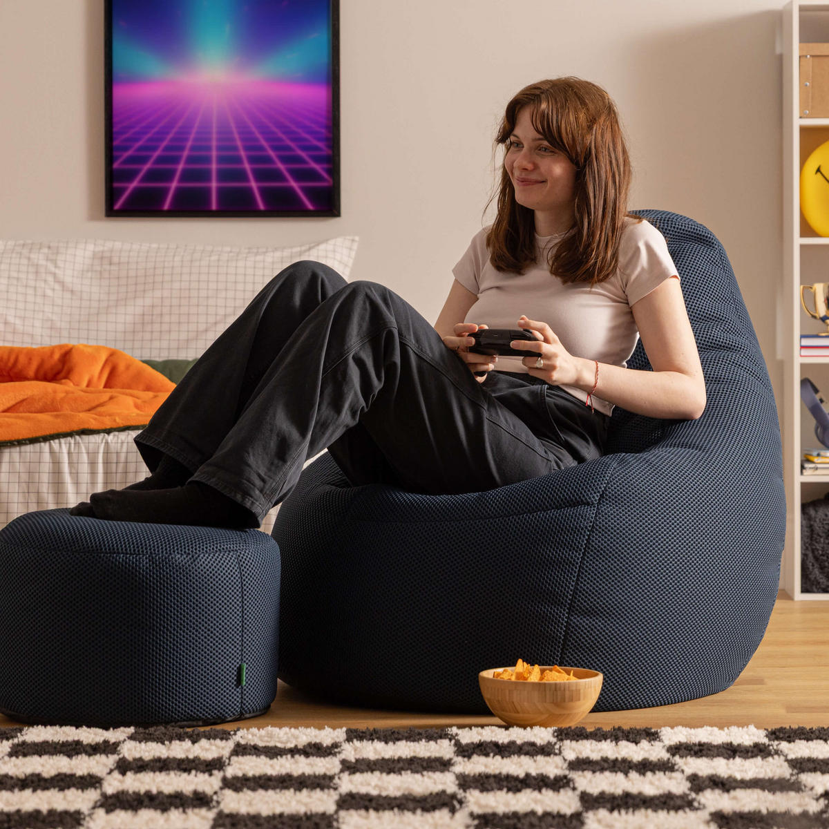 SITZSACK mit Hocker Dalton XXL Gaming - Dunkelblau, Textil (94/85/92cm) - icon