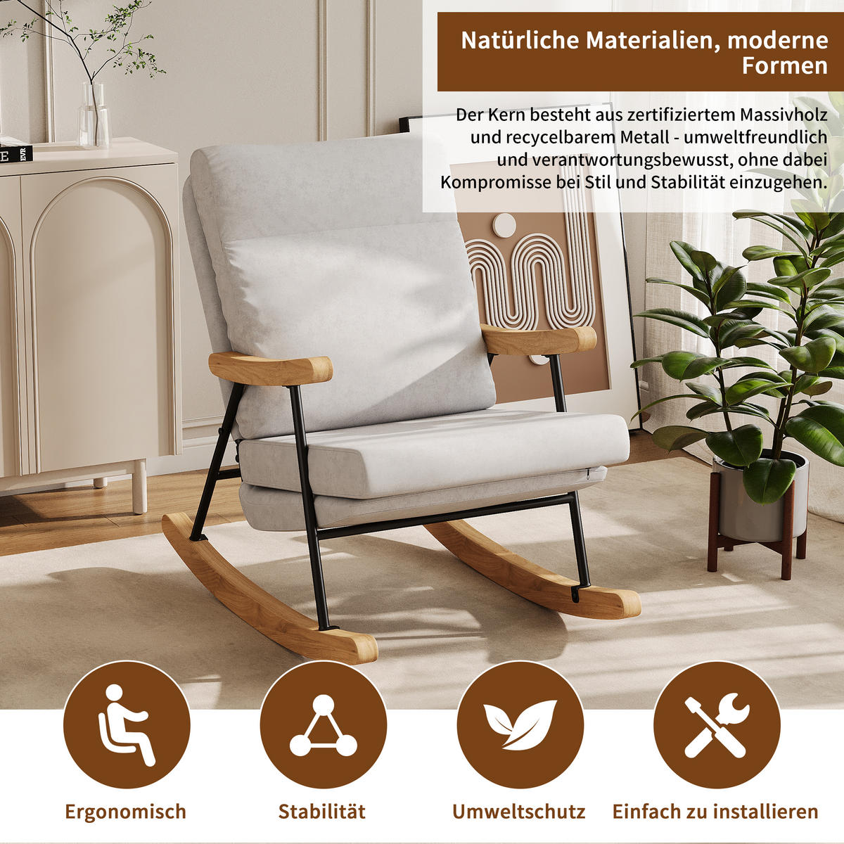 SCHAUKELSTUHL Grau aus Leinen, Polsterstuhl mit Metallgestell, 97 x 64 x 94 cm - Grau, Holz/Textil (64/94/97cm) - PARAFTA HOME