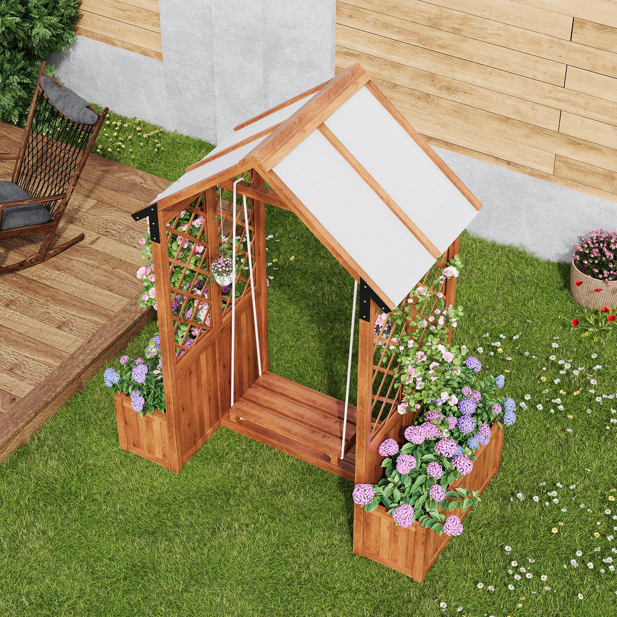 BLUMENTOPF 142/70/163 cm Braun mit Schaukel und Spalier als Kletterhilfe - Braun, Holz (70/163/142cm) - Oxeza