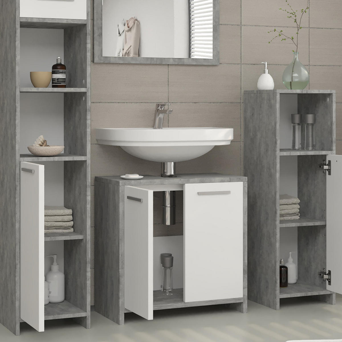 BADMÖBEL-SET Kiko Beton 4 Teile - Weiß/Grau, Holzwerkstoff (58/60/33cm) - Vicco