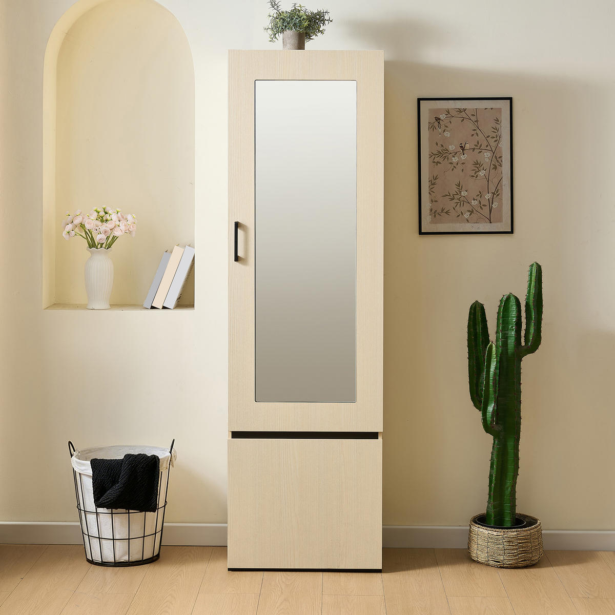 GARDEROBENSCHRANK Spiegel Kleiderstange Schmal Flurschrank - Naturfarben, Holzwerkstoff (54/179.5/34.5cm) - FLIEKS