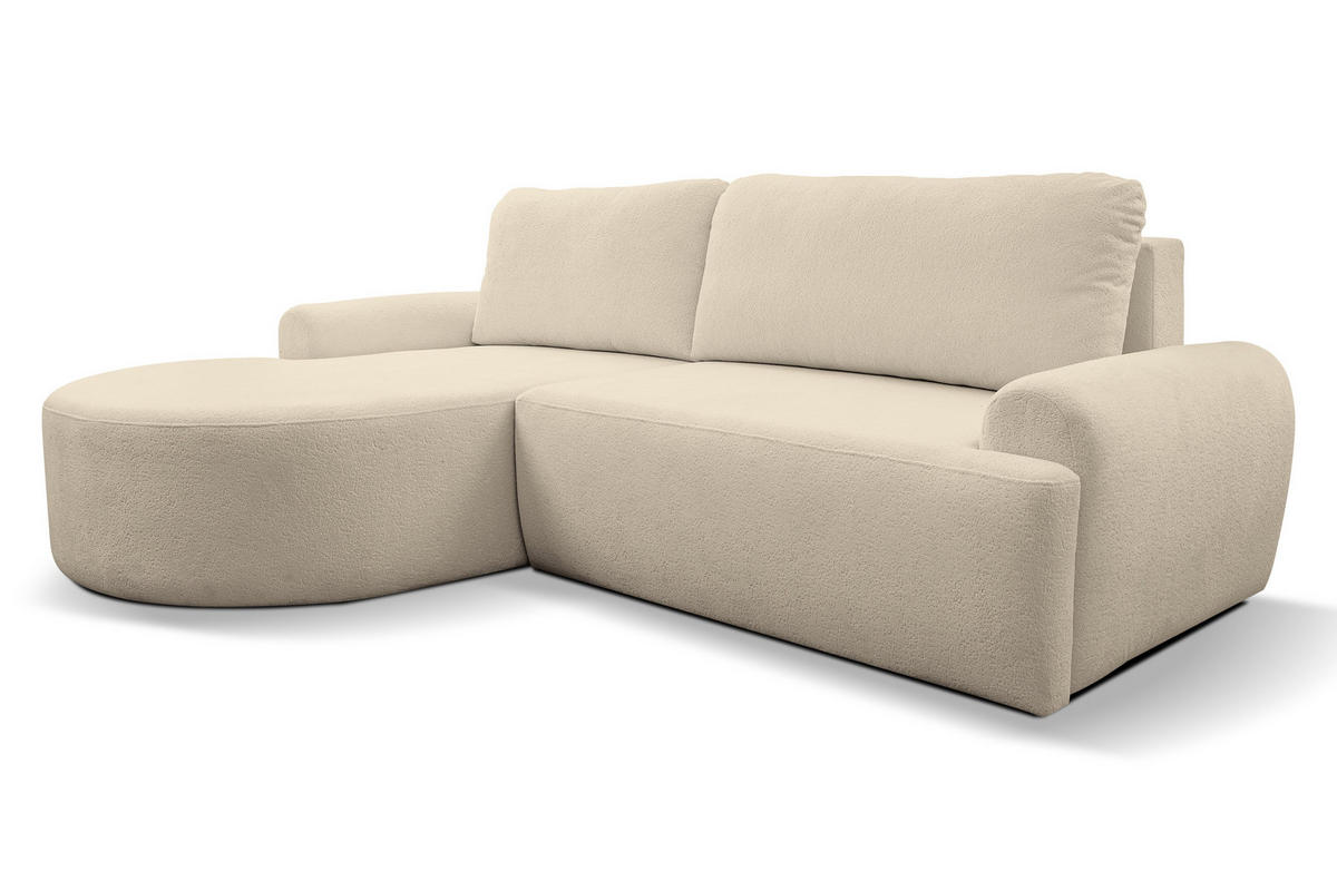 ECKSOFA Dream in L-Form mit Schlaffunktion und Bettkasten, Farbe: Beige, Bouclé-Stoff, Ottomane Links - Beige, Textil (136/260cm) - VENASI MÖBEL