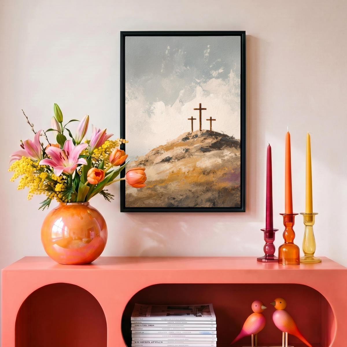 LEINWAND Bilder mit Rahmen - Hügel - Abstrakt - Christentum - Kreuz - 20x30 - Hellgrau, Textil (20/30cm) - MuchoWow