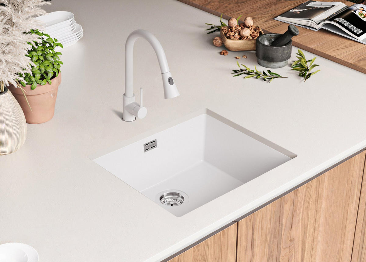 UNTERBAUSPÜLE GRANIT London, 2-er set Weiß 56/47 cm 1 Becken + Ablauf-Set ab 60er Unterschrank - Chromfarben/Weiß, Kunststoff (56/20/47cm) - Primagran