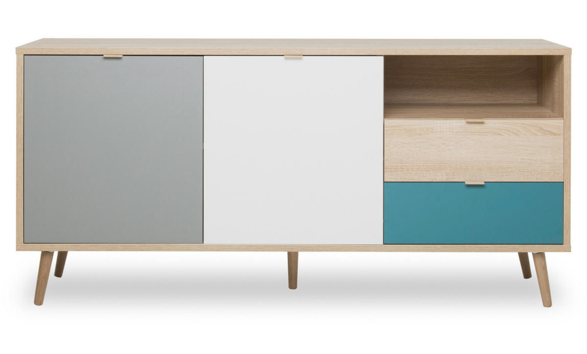 SIDEBOARD Eiche Sonoma, Petrol, weiß, grau 150 cm, Kommode Tricolor skandinavisch - Eichefarben/Petrol, Holz/Holzwerkstoff (150/71/40cm) - Furn.Design