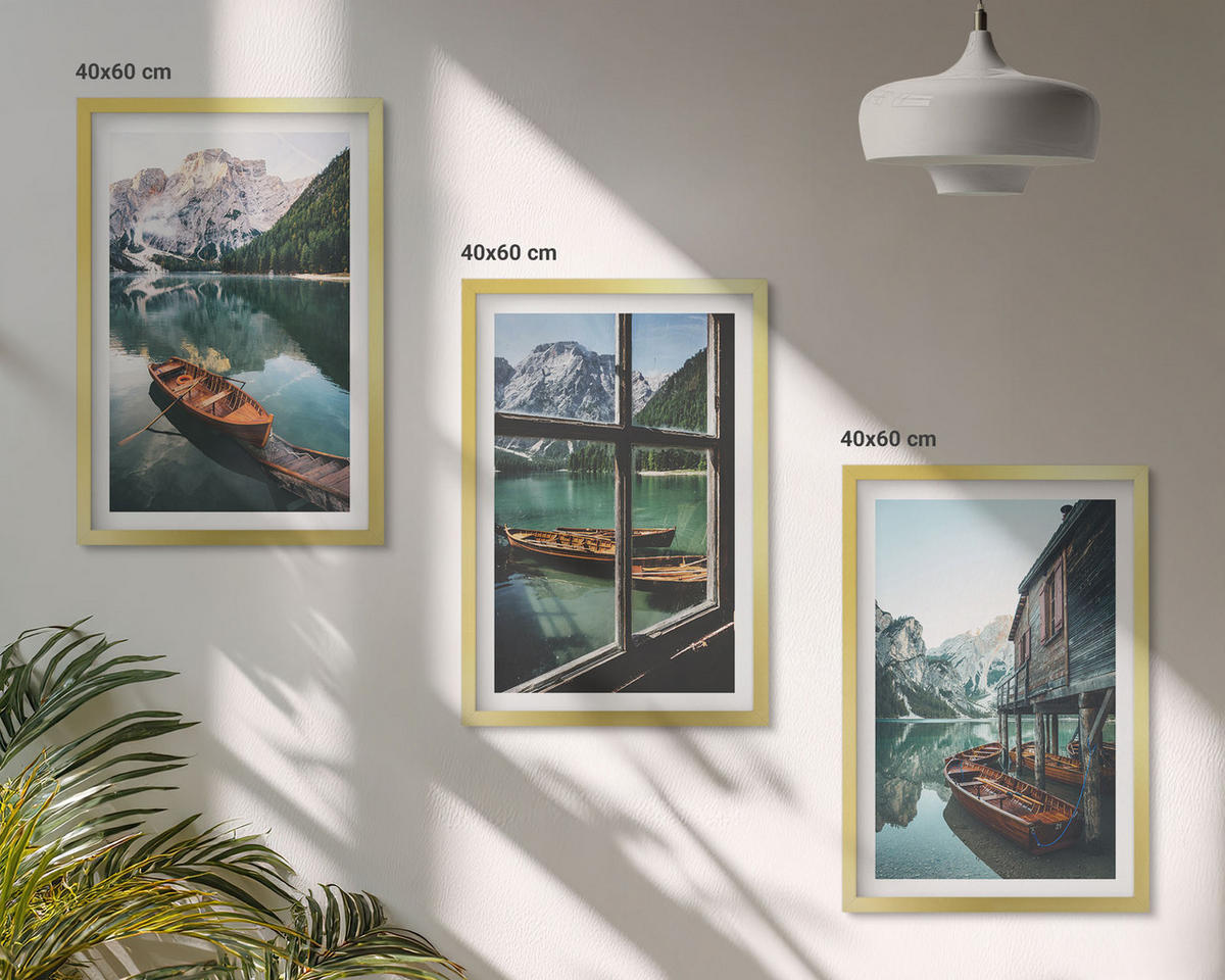 BILDER SET 3er Set - 40x60 cm Goldrahmen - Bootshaus am Bergsee - Goldfarben, Kunststoff (40/60cm) - TULUP