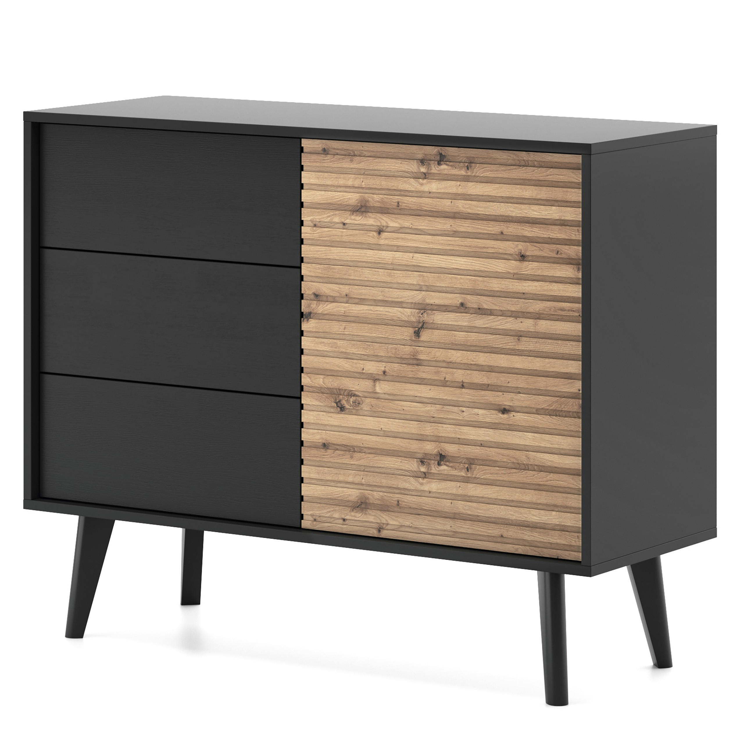 KOMMODE VILLETTA 104/83/39 cm mit 3 Schubladen 1 Türen Schwarz - Schwarz/Eiche Artisan, Holzwerkstoff (104/83/39cm) - MASSENO