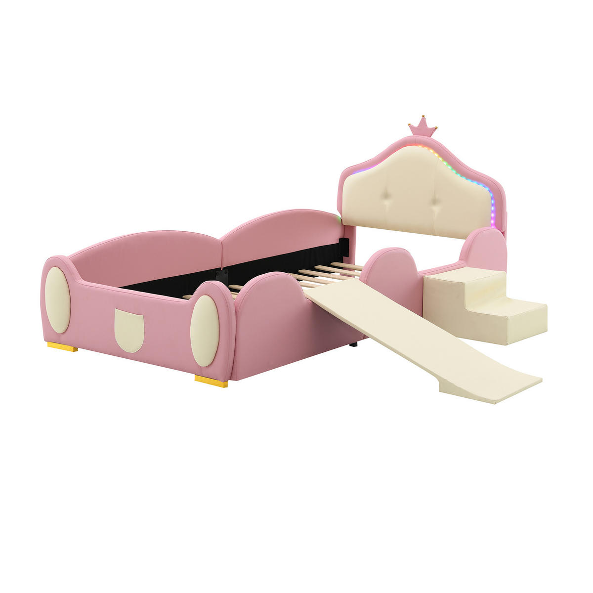 KINDERBETT 90/200 cm DE-02217, in Rosa, mit Krone, Rutsche und LED - Rosa, Holz (90/200cm) - ComfortXL