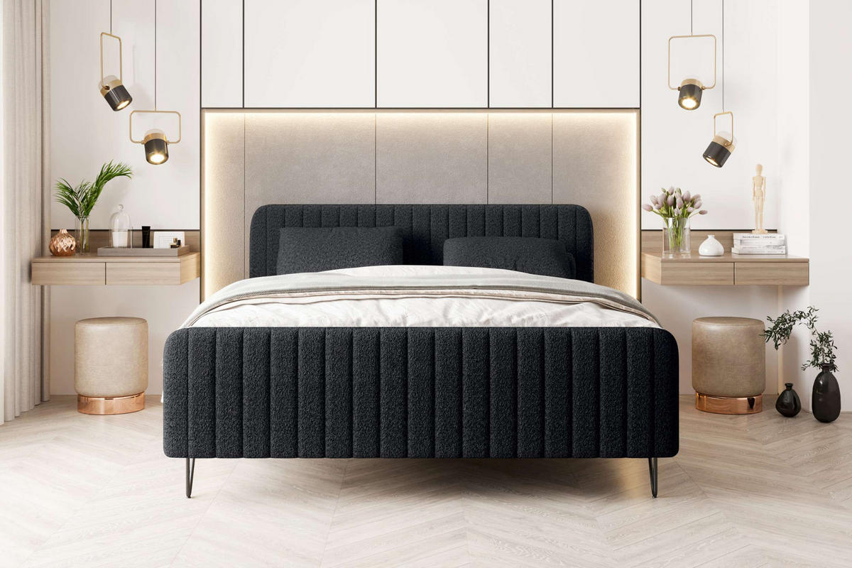 BOXSPRINGBETT LUCIO Bouclé-Stoff Schwarz 160/200 cm - Schwarz, Textil/Metall (160/200cm) - 99rooms