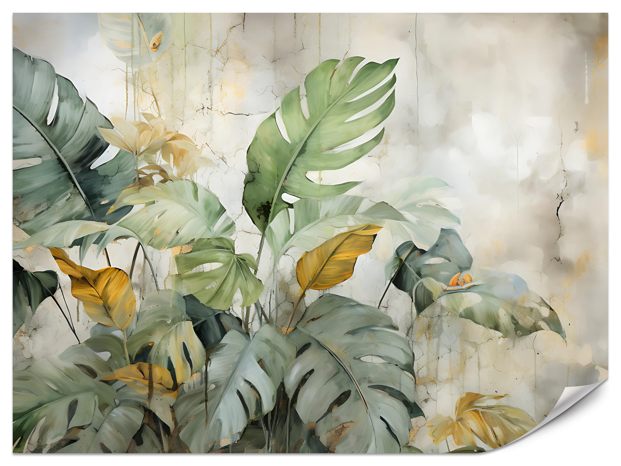FOTOTAPETE für Esszimmer Pflanzen Tropische Blätter Beton Natur Aquarell 500x350 - Grün, Papier (500/350cm) - Muralo