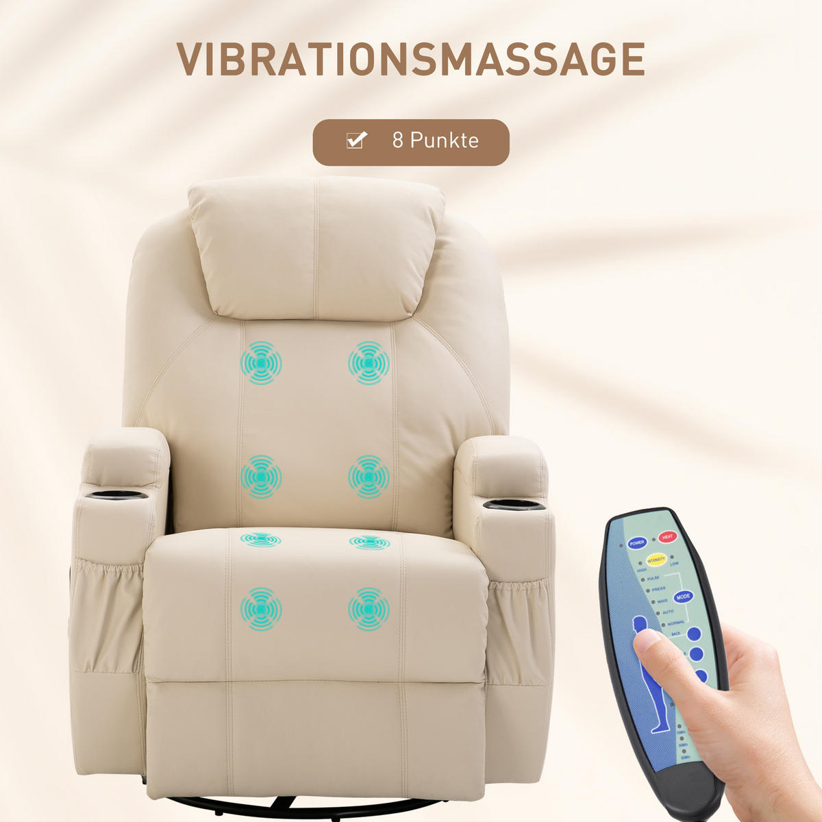 MASSAGESESSEL Fernsehsessel Elektrisch Relaxsessel 5 Massage-Modi Cremeweiß - Creme/Schwarz, Leder/Metall (92/109/84cm) - HOMCOM