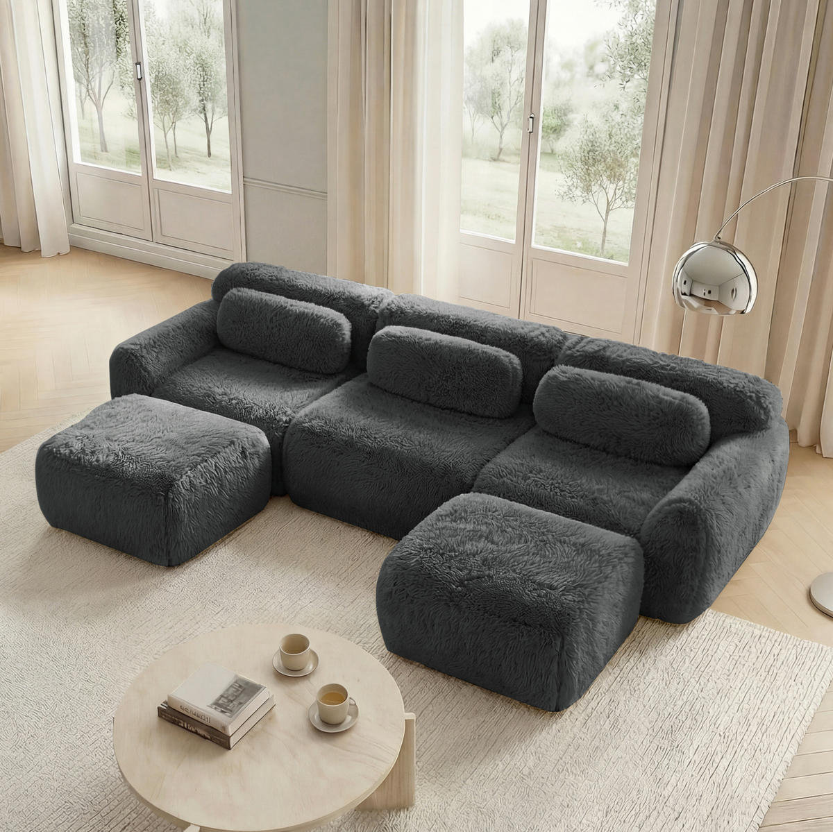 ECKSOFA 291/179/73 cm grau aus Plüschstoff modular in U-Form ohne Montage - Grau, Textil (179/291cm) - OKWISH