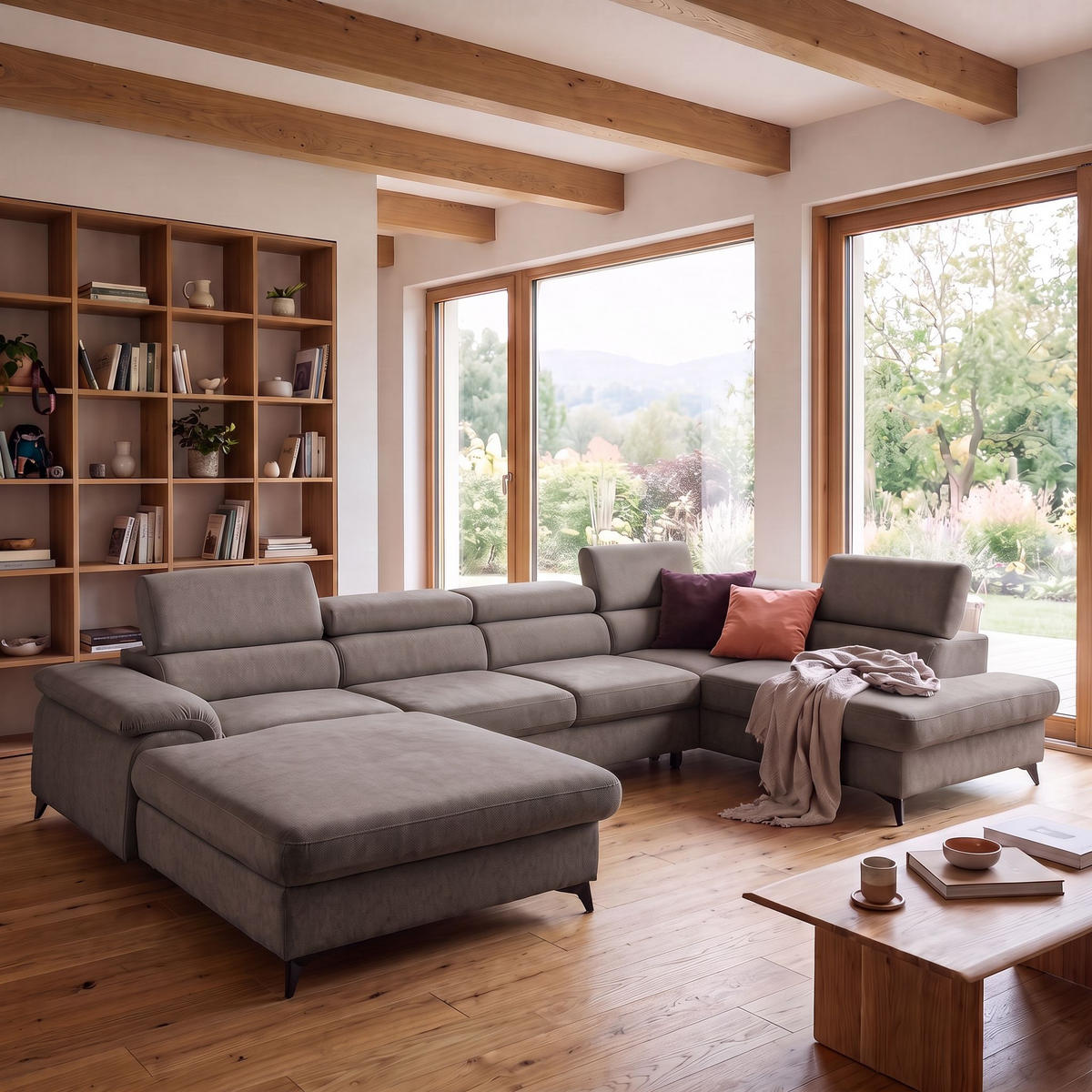 ECKSOFA U-Form PLAZA U Rechts mit Schlaffunktion 125x256 Velours Dunkelgrau - Dunkelgrau/Schwarz, Holz/Kunststoff (210/95/350cm) - Muffo