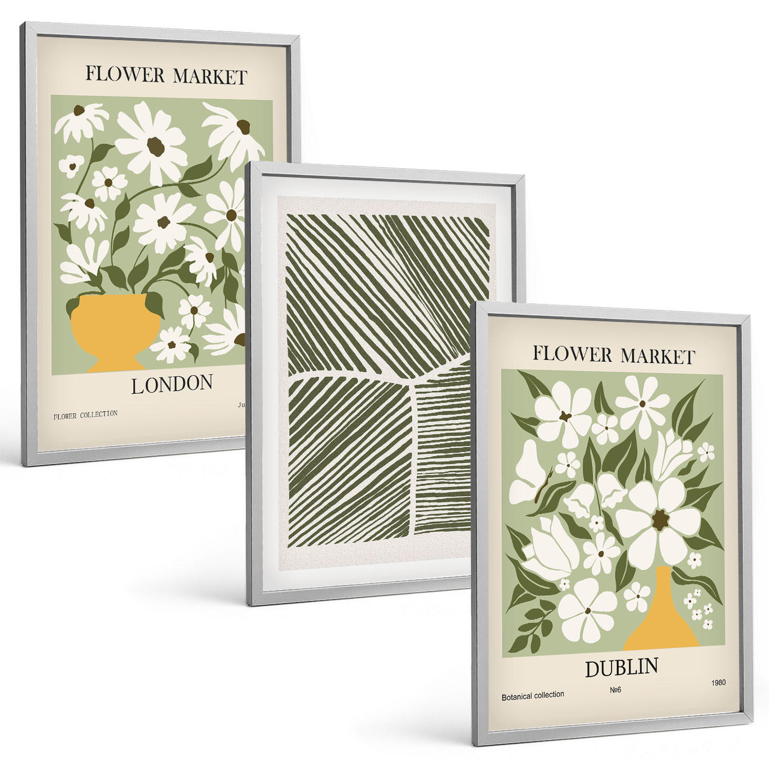 BILDER SET 3er Set - 40x60 cm Silberner Rahmen - Blumenmuster London Dublin - Silberfarben, Kunststoff (40/60cm) - TULUP