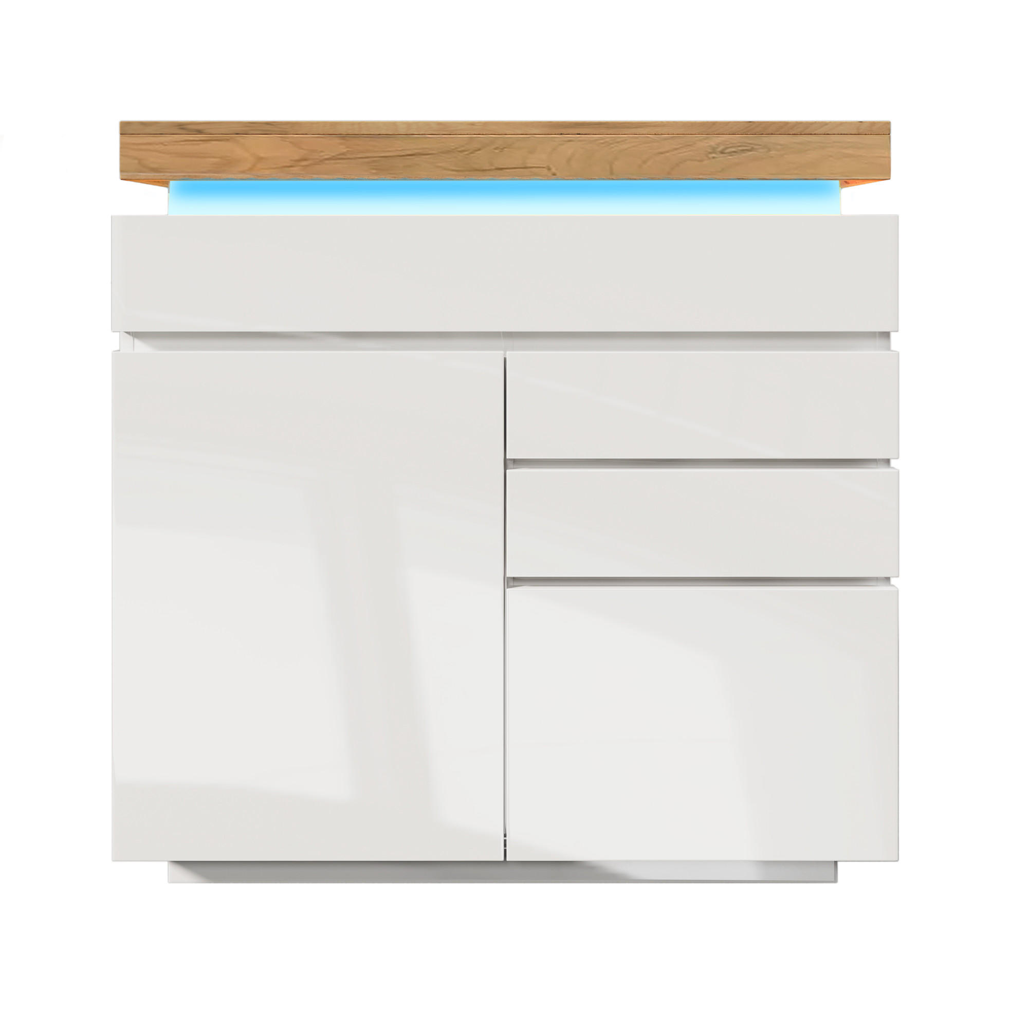 KOMMODE, Hochglanz, 3 Schubladen & 2 Türen, LED-App-Steuerung, 110x39x115 cm, Weiß - Weiß, Holzwerkstoff (39/115/110cm) - Modfu