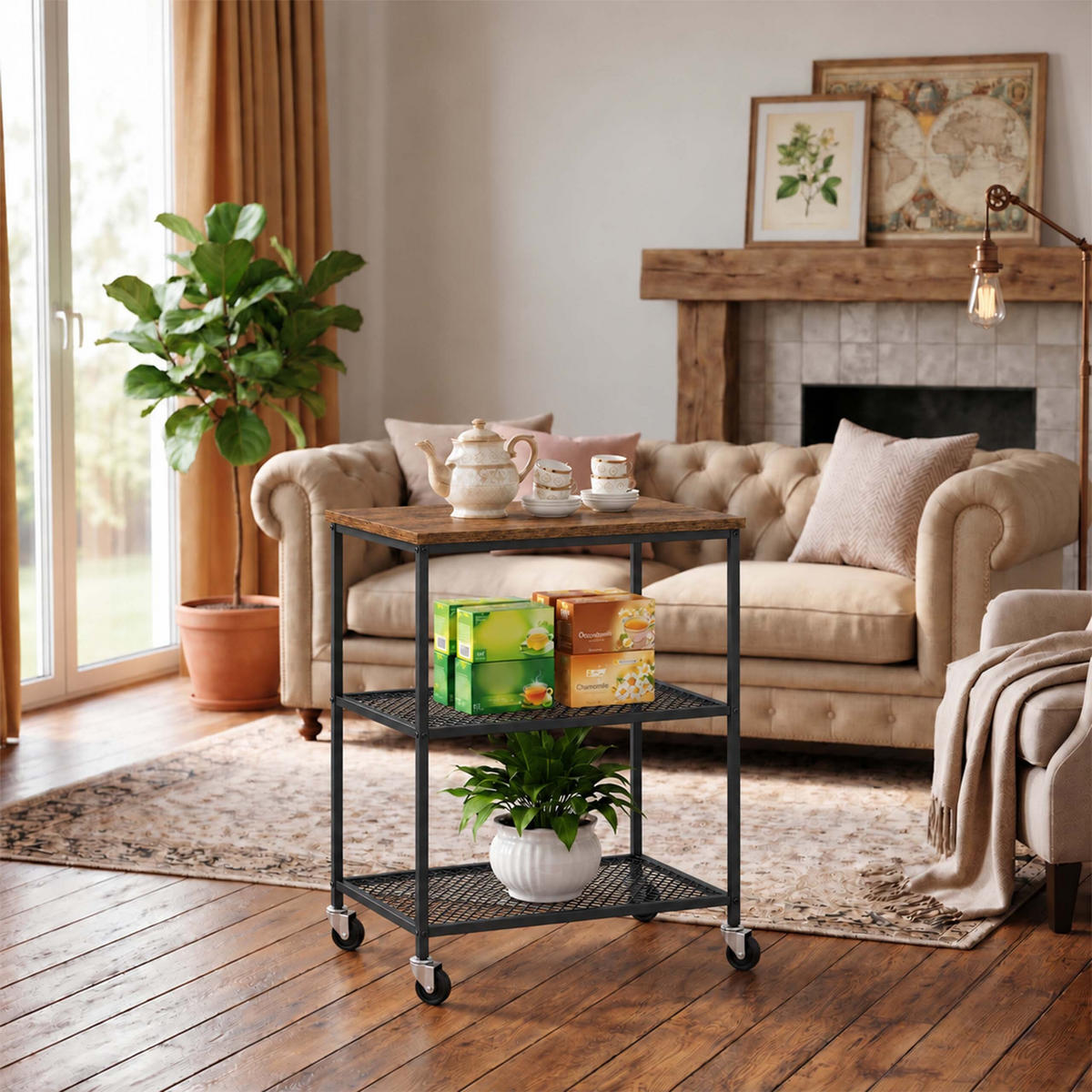 KÜCHENWAGEN Vintagebraun Schwarz 3 Ebenen Rollen - Schwarz, Holzwerkstoff/Metall (40/77.5/60cm) - Relaxdays