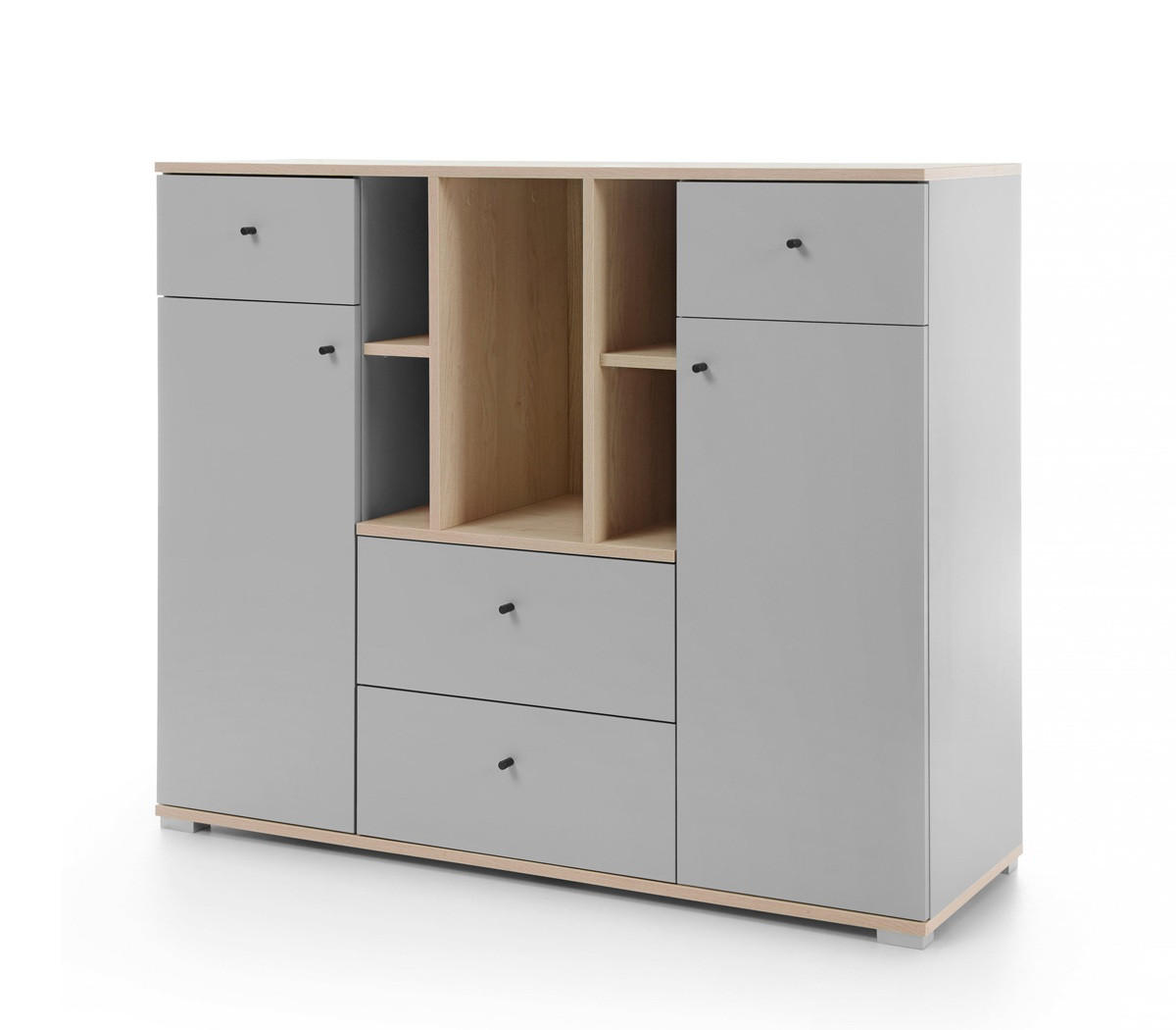 JUGENDZIMMER Oriel Set B mit Bett 120 x 200 - 6-teilig - Platingrau / Biskuit-Eiche - Eichefarben/Schwarz, Holzwerkstoff/Metall (124/80/224cm) - QMM TraumMöbel