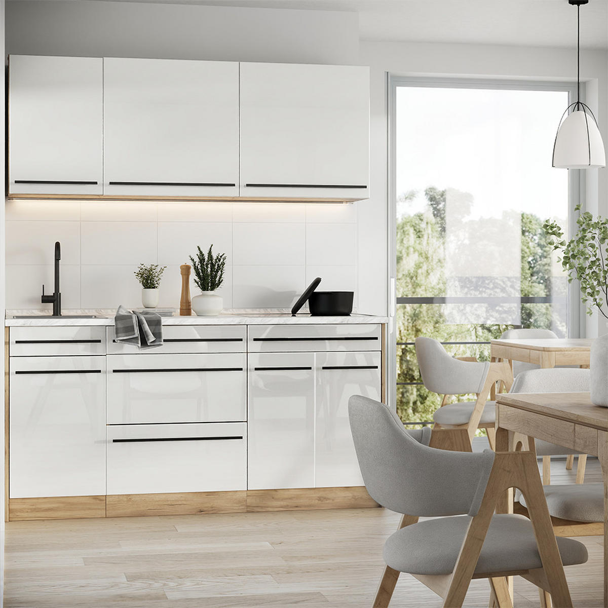 SINGLEKÜCHE R-Line, Weiß Hochglanz/Goldkraft Eiche, 160 cm Arbeitsplatte Goldkraft Eiche - Honigeiche/Weiß Hochglanz, Holzwerkstoff (160/81.6/60cm) - Vicco