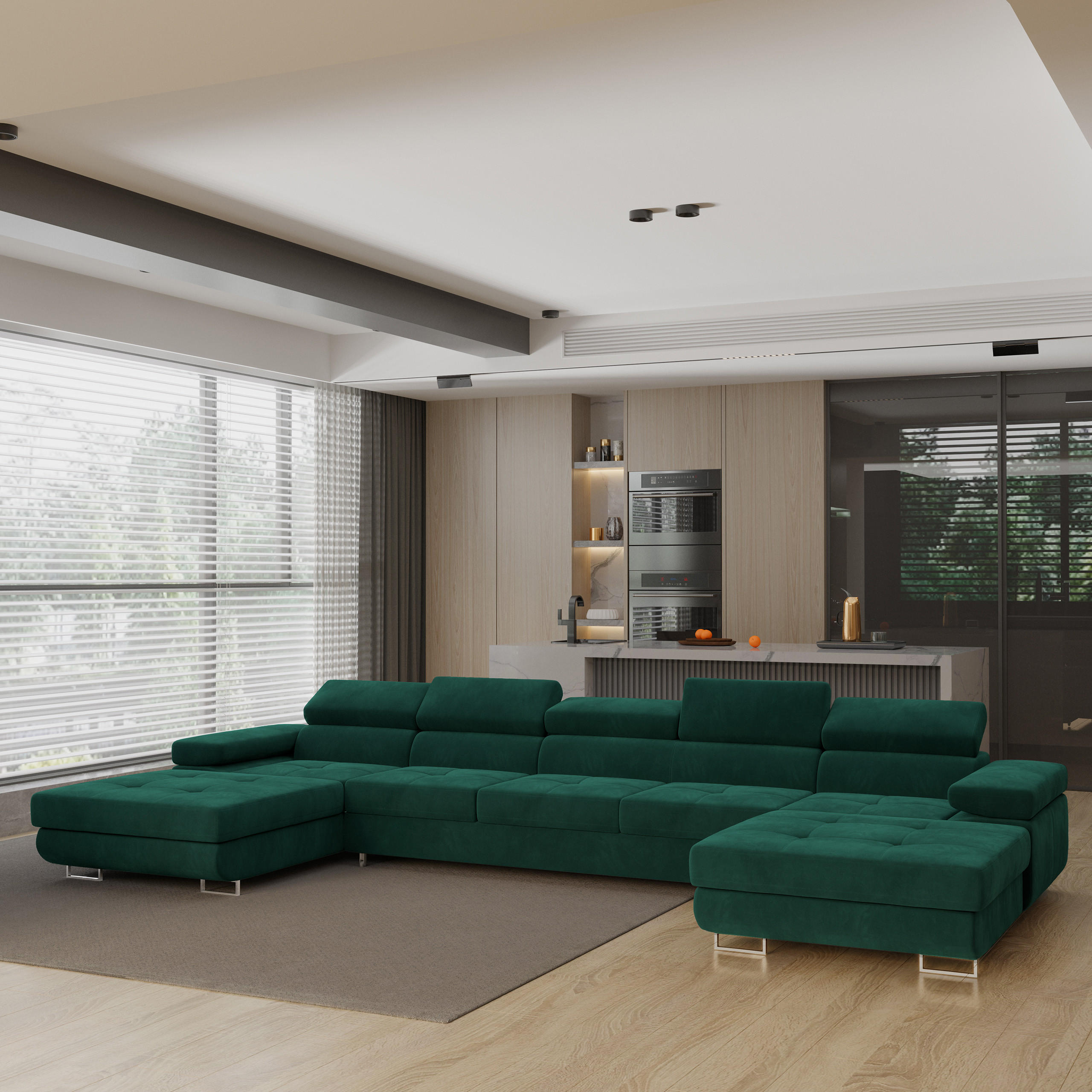 WOHNLANDSCHAFT OMBRA Grün Velours-Stoff mit Schlaffunktion - Grün, Holz (425/90/202cm) - MASSENO