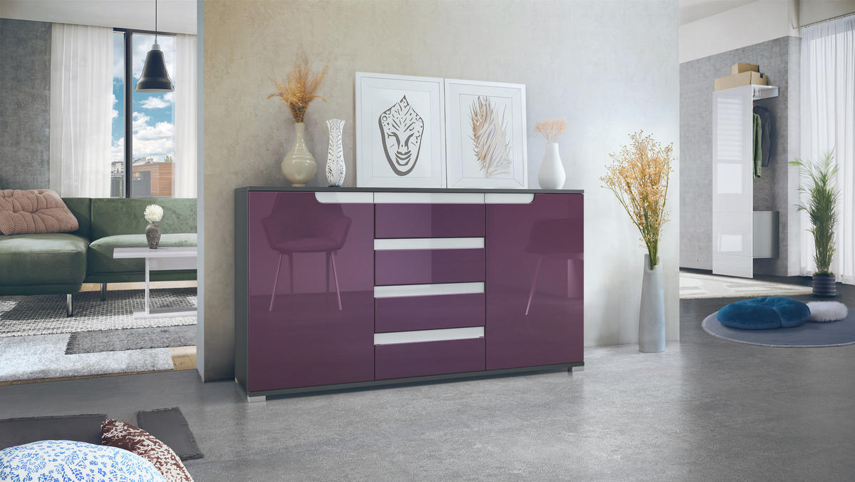 SIDEBOARD Sylt Brombeer Hochglanz / Weiß Hochglanz - Brombeere, Holzwerkstoff (138.5/75.5/35cm) - Vladon