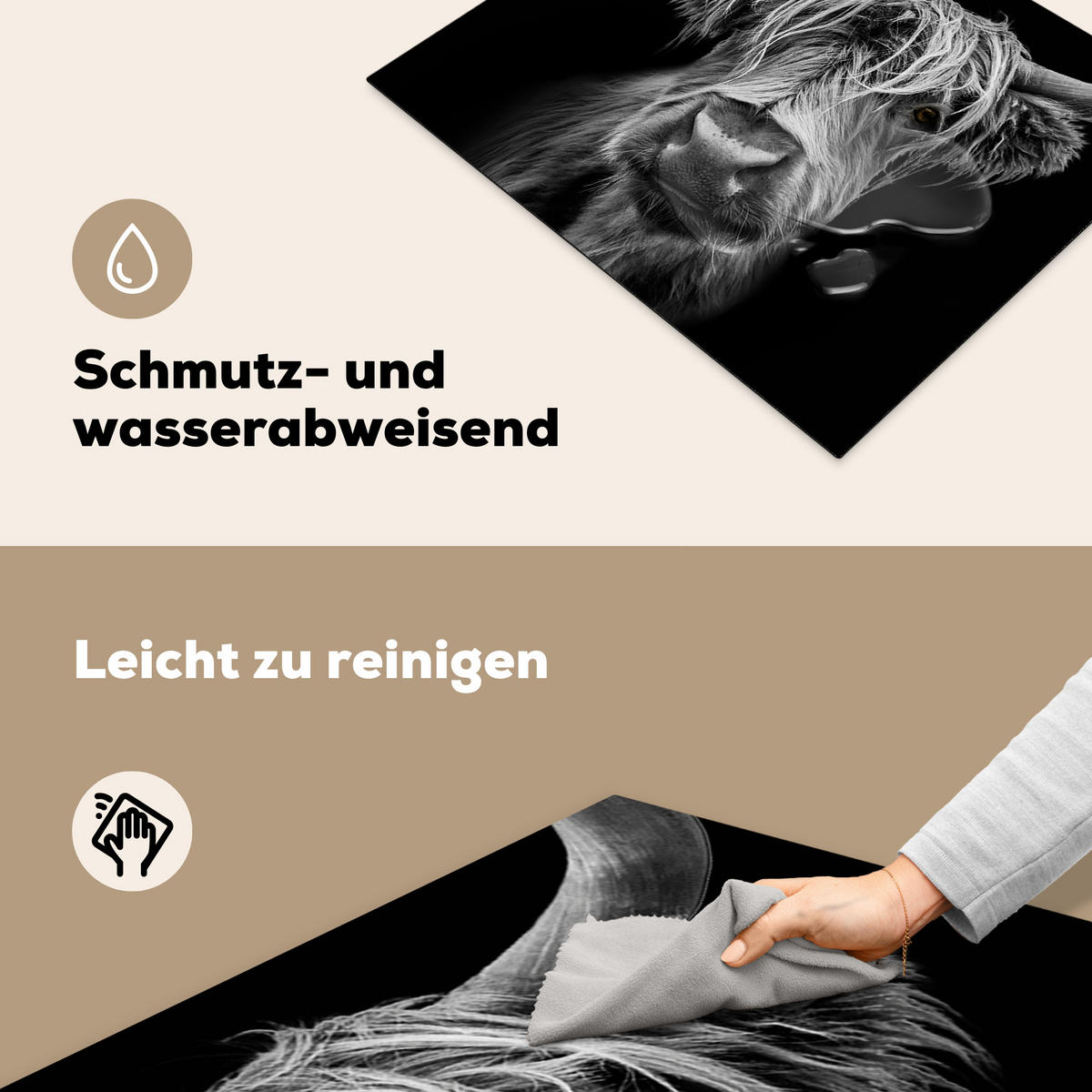 HERDABDECKPLATTE Schottischer Highlander - Hörner - Schwarz - Weiß - Kuh - Wild - Tiere Herdabdeckung Induktionsfeld 65x52 cm - Schwarz, Kunststoff (65/52/0.2cm) - MuchoWow