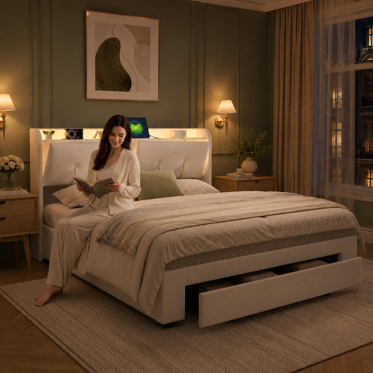 POLSTERBETT 160/200 cm mit USB & LED-Kopfteil und Stauraum - Beige, Holz/Metall (160/200cm) - Joyfair