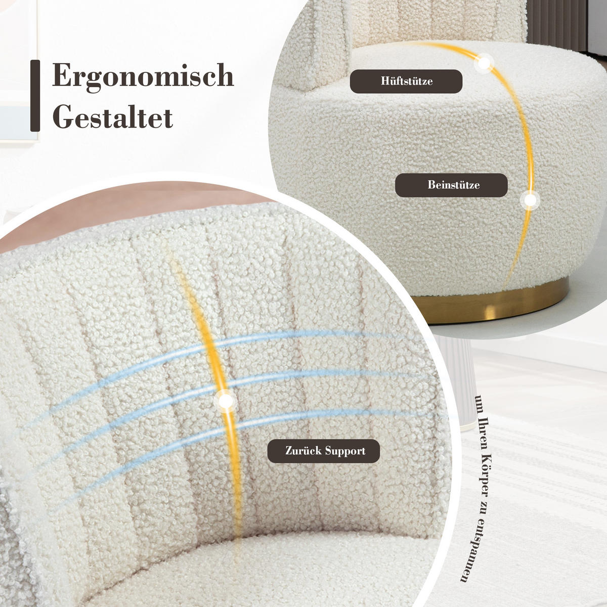 SESSEL Samt/Teddystoff Weiß drehbar - Weiß, Holzwerkstoff/Textil (62.5/69.5/62cm) - WISHDOR