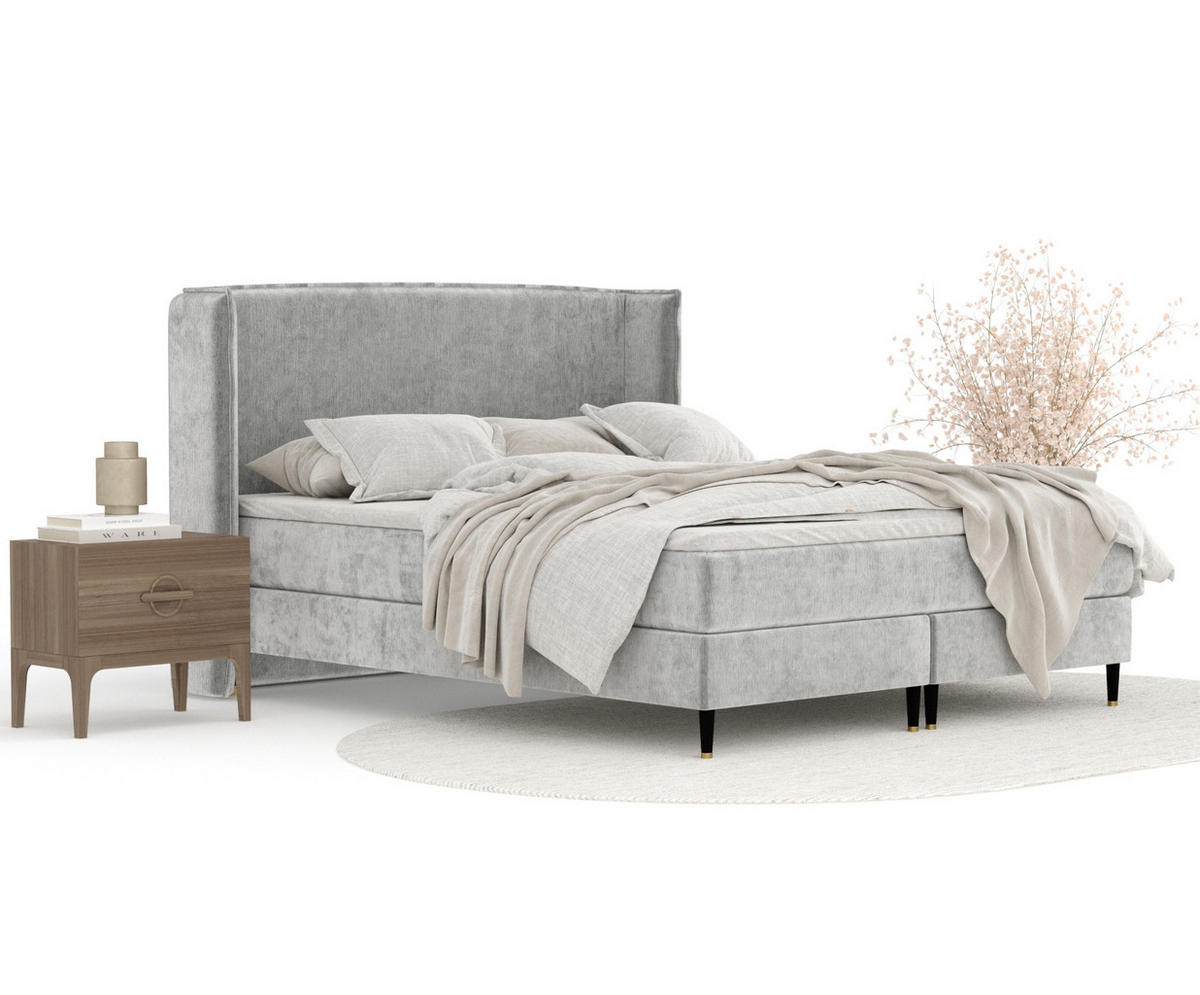 KONTINENTALBETT Ardis Hellgrau 140/200 cm mit Matratze und Topper - Hellgrau/Schwarz, Holz/Holzwerkstoff (140/200cm) - Maison de Reve