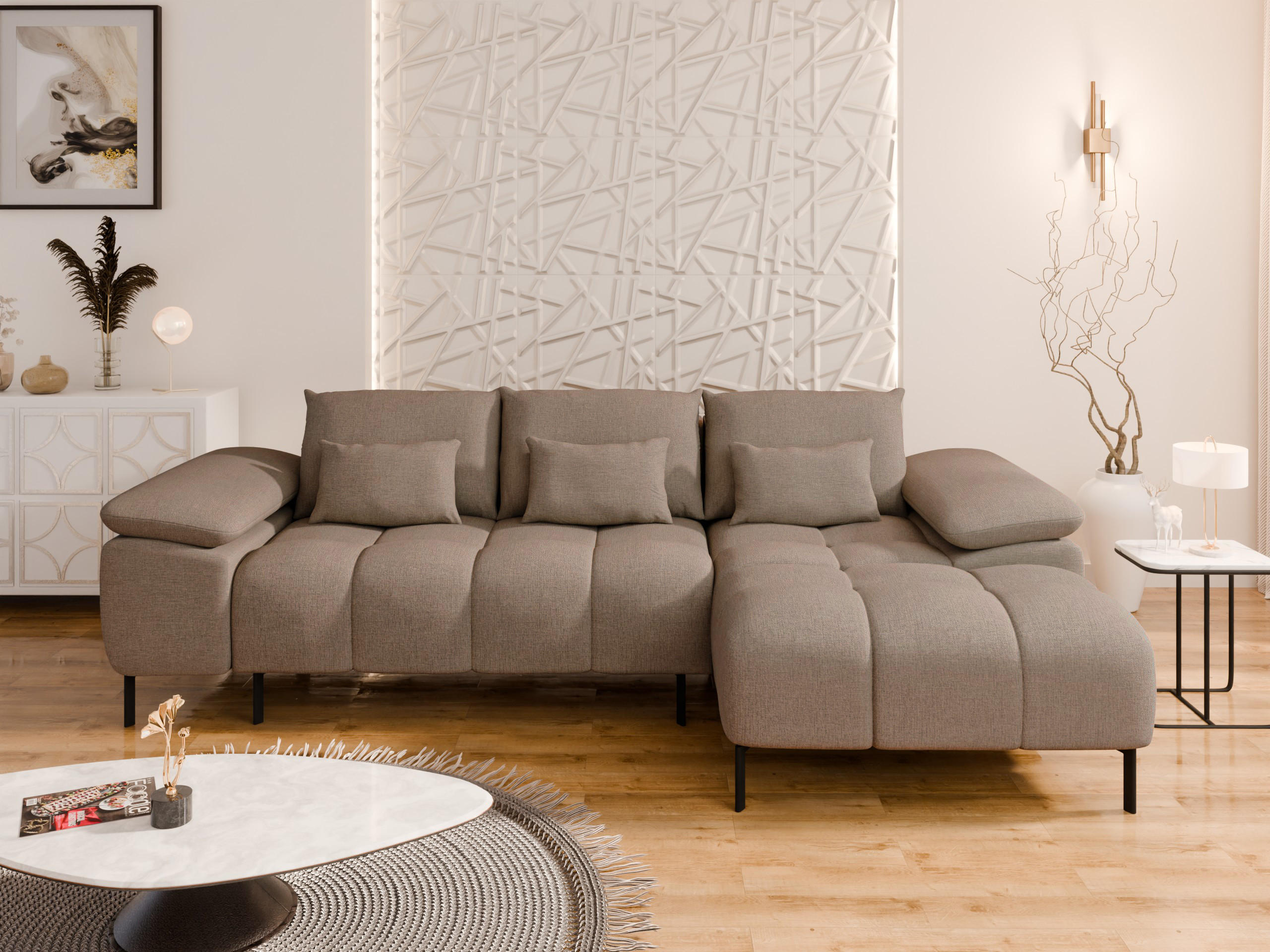 ECKSCHLAFSOFA 4-Sitzer DOLUS – Modernes Ecksofa mit Schlaffunktion Rechts montierbar, Braun - Braun, Holz (141/277cm) - Panda Möbel