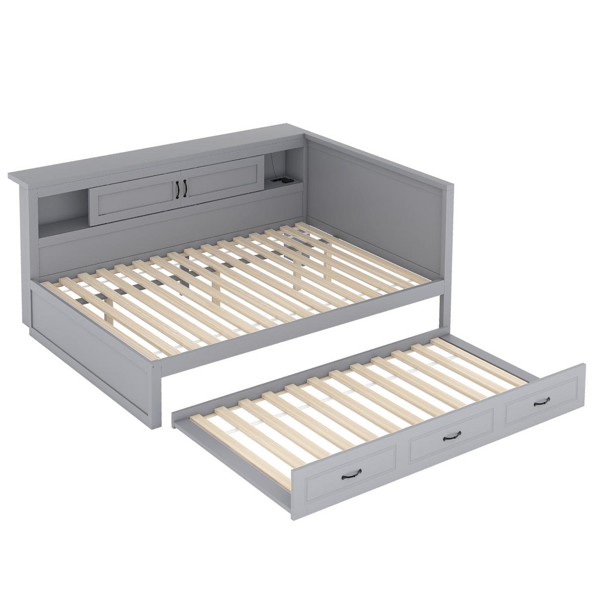 MULTIFUNKTIONSBETT 140/200 cm grau mit LED-Leuchten und ausziehbarem Bett - Grau, Holzwerkstoff (140/200cm) - OKWISH