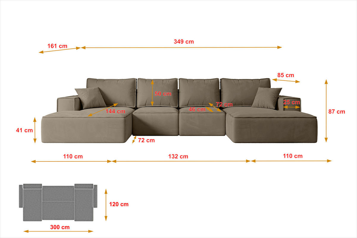 WOHNLANDSCHAFT mit Schlaffunktion und Bettkasten SIERRA-U-S - 349x161x87 cm Braun Velours - Schwarz/Braun, Holzwerkstoff/Kunststoff (349/87/161cm) - ALTDECOR