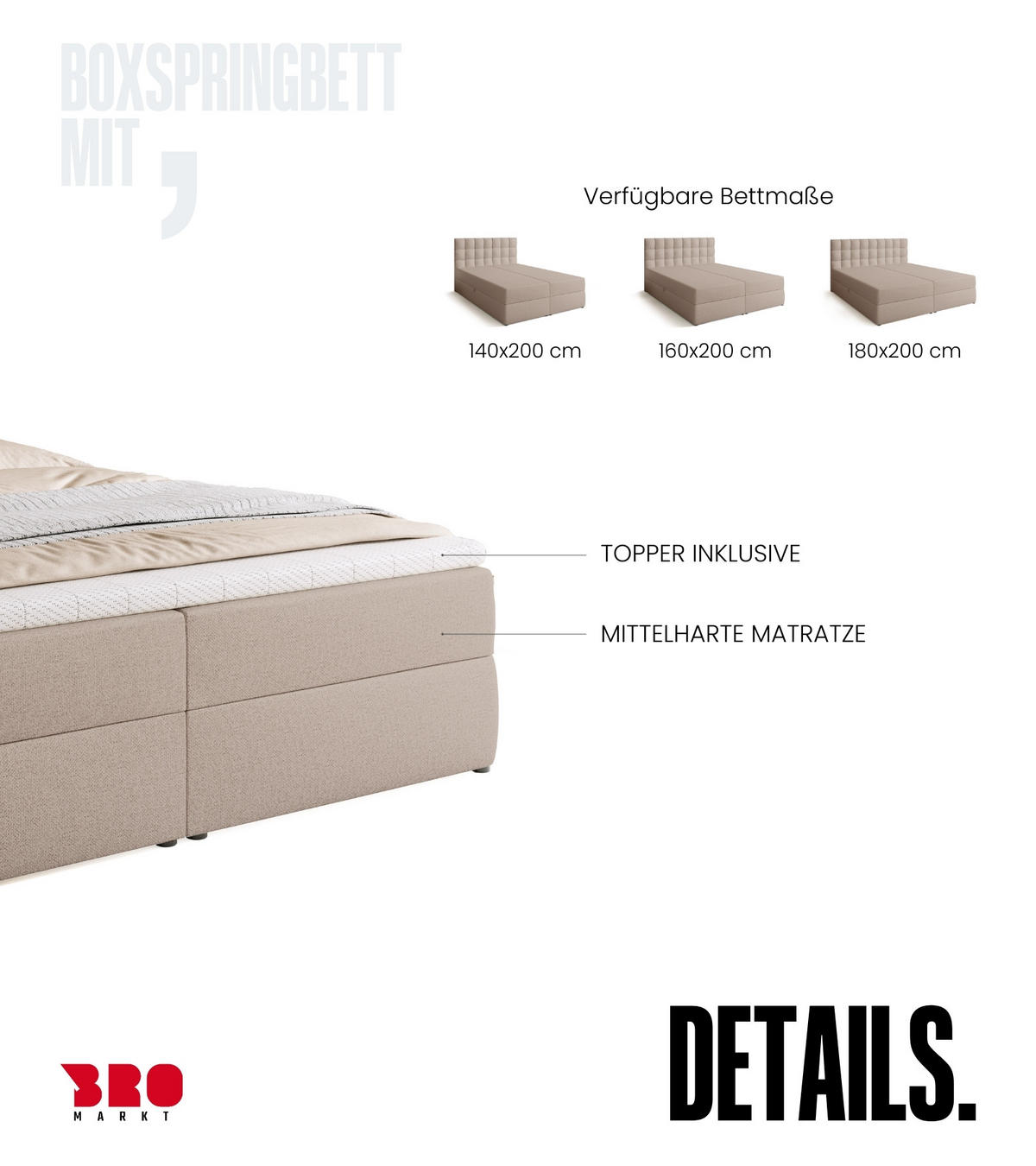 BOXBETT Detroit mit Topper 180/200 Beige - Creme, Textil (180/200cm) - Bromarkt