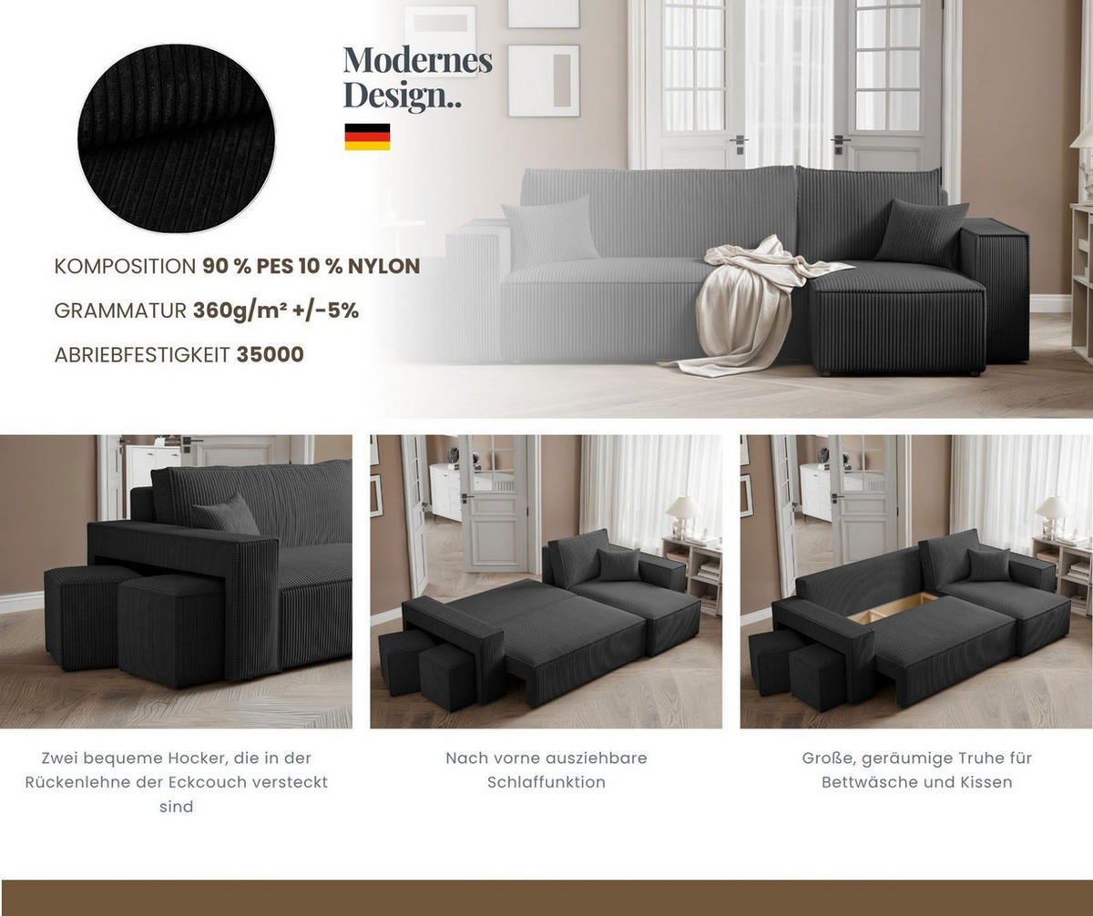 ECKSOFA PARIS mit Schlaffunktion und Bettkasten Anthrazit - Anthrazit, Holzwerkstoff/Kunststoff (262/145cm) - Idohome