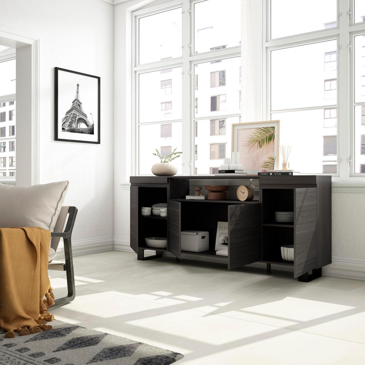 SIDEBOARD schwarz, 200/35/87cm - Schwarz, Holzwerkstoff (200/87/35cm) - Skraut Home