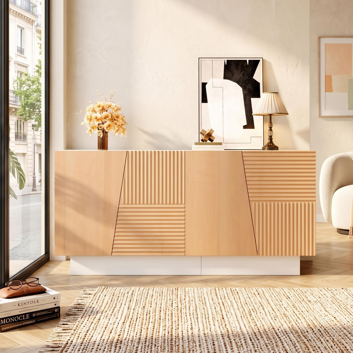 SIDEBOARD 160cm Weiß & Naturholzoptik mit 4 Türen & Geometrischen Rillen - Naturfarben, Holzwerkstoff (160/72/40.5cm) - Urban Meuble