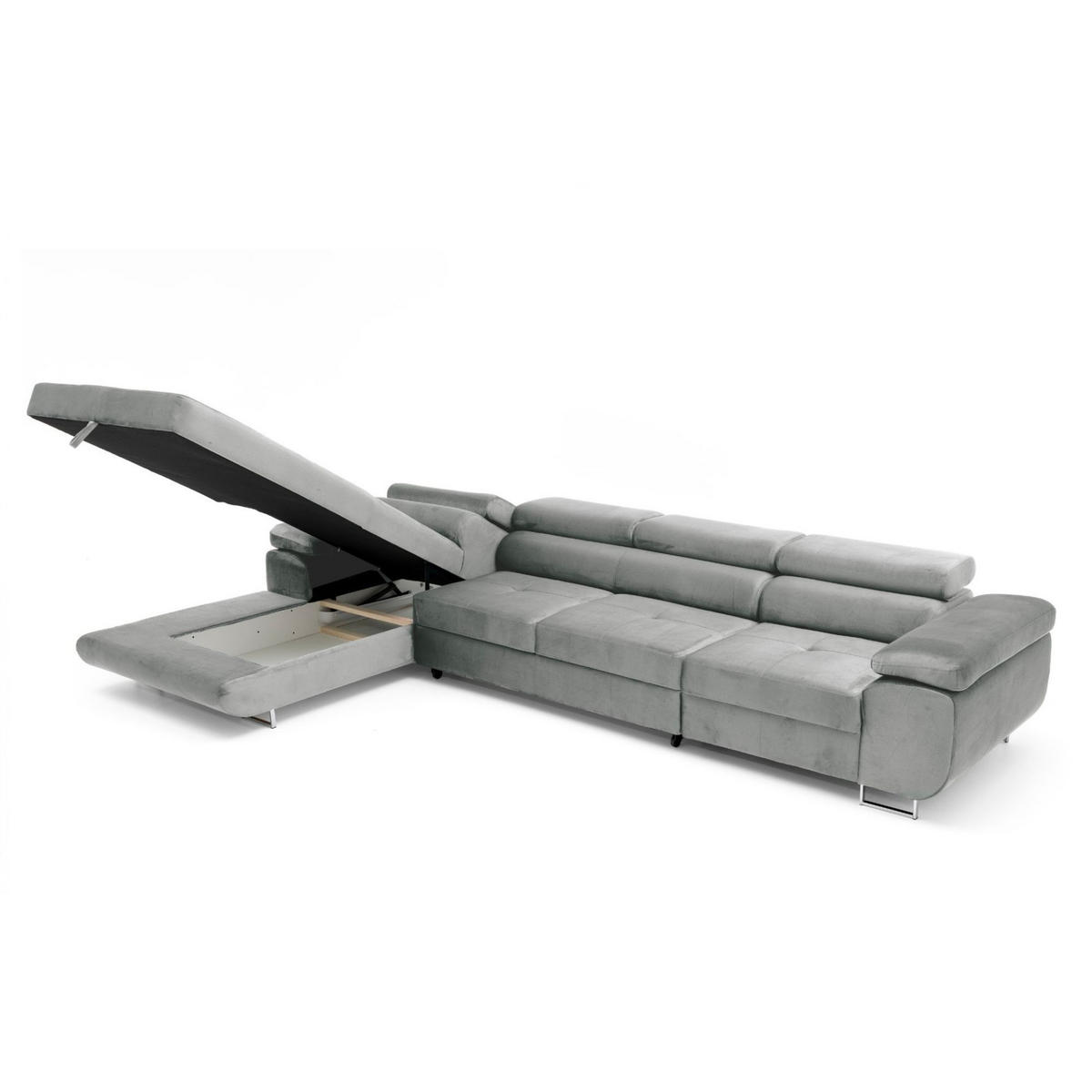 ECKSOFA ALONZO MAXI Links mit Schlaffunktion 125x195 Velours Hellgrau - Silberfarben/Hellgrau, Holz/Textil (350/203cm) - Muffo