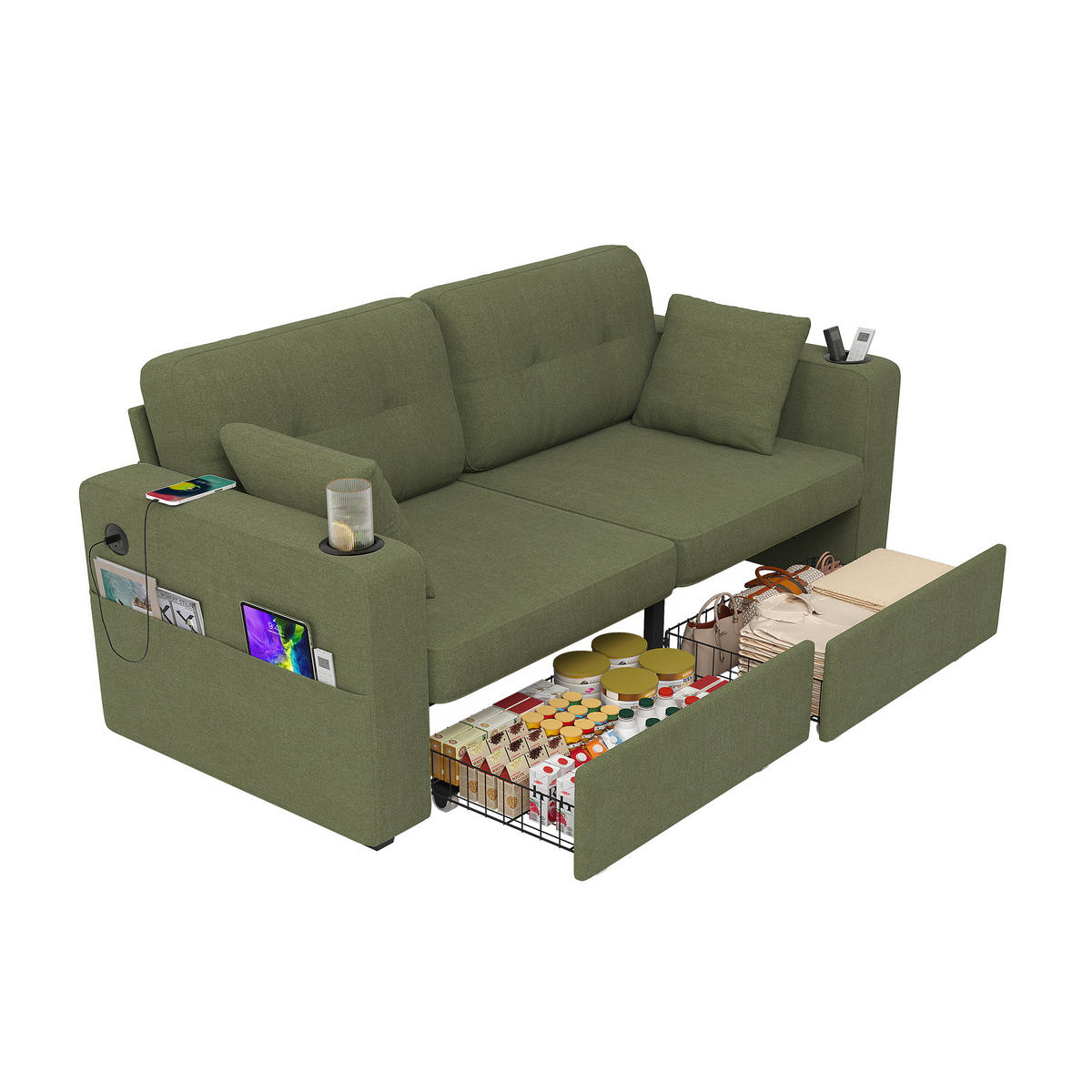 2-SITZER-SOFA DE-33930 mit 2 Stauraumschubladen Olivgrün - Grün, Metall (75/82/172cm) - ComfortXL