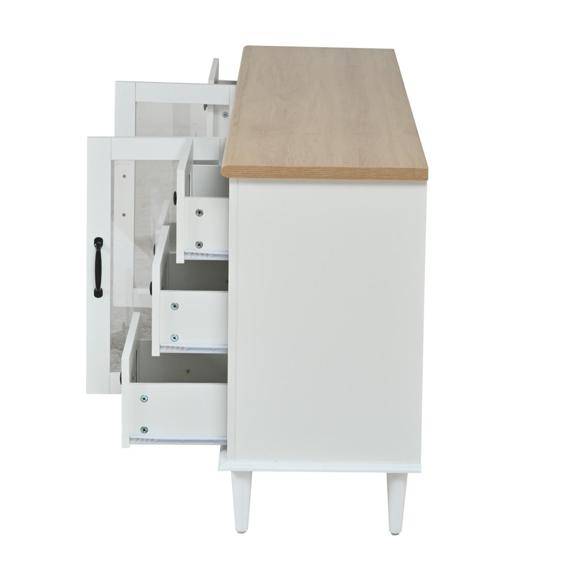 PŘÍBORNÍK z MDF 150x40x75 cm bílý v dekoru dřeva s LED osvětlením, 6 zásuvkami a 2 akrylovými dvířky - bílá, kompozitní dřevo (150/75/40cm) - Modfu