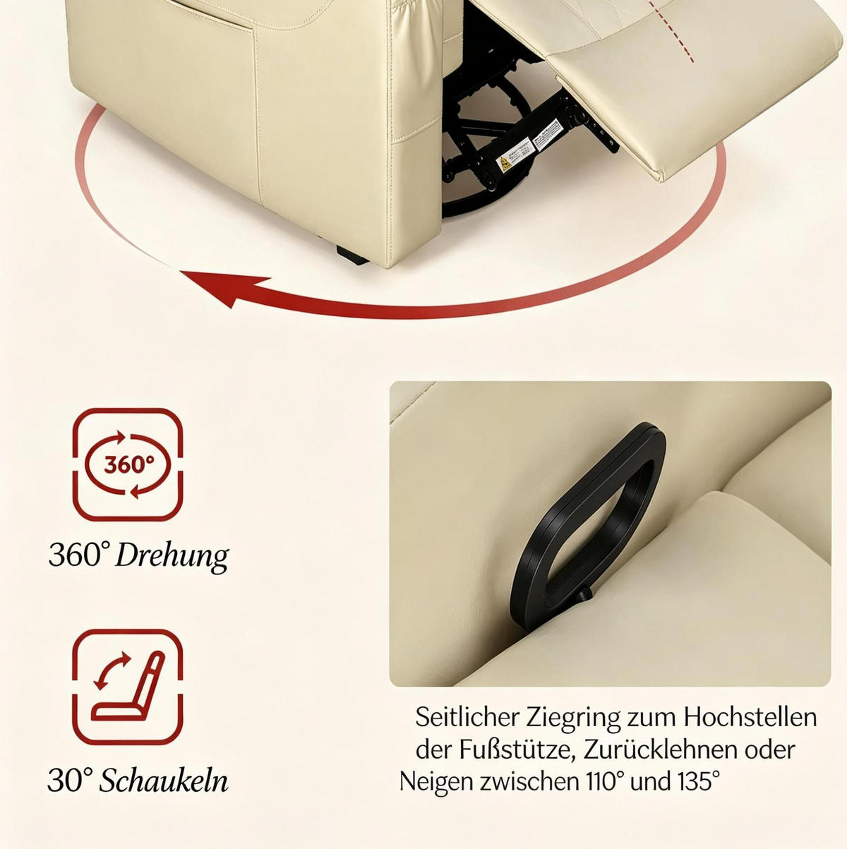 RELAXSESSEL in Beige 94,5x87x103,5 cm mit Dreh-, Wipp- und Liegefunktion - Beige, Textil (87/103.5/94.5cm) - IVMEU