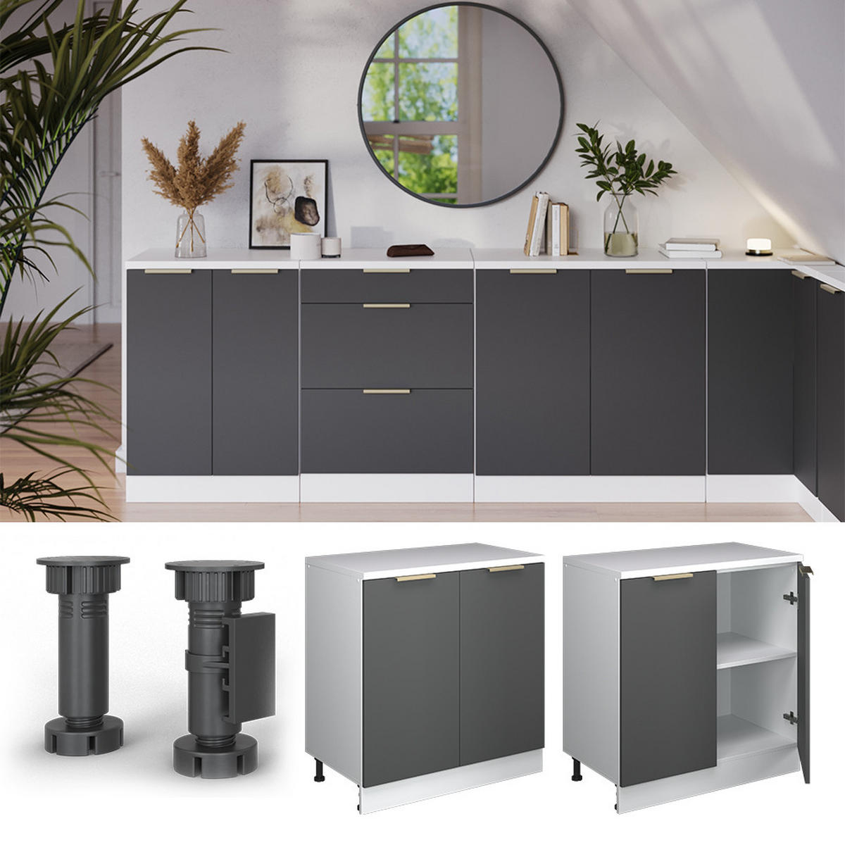 OMARICA ZA PODSTREŠJE Rion Antracitno-zlata 80 x 81.6 cm brez naklona z 2 vrati - bela/antracit, leseni material (80/83.8/46cm) - Vicco