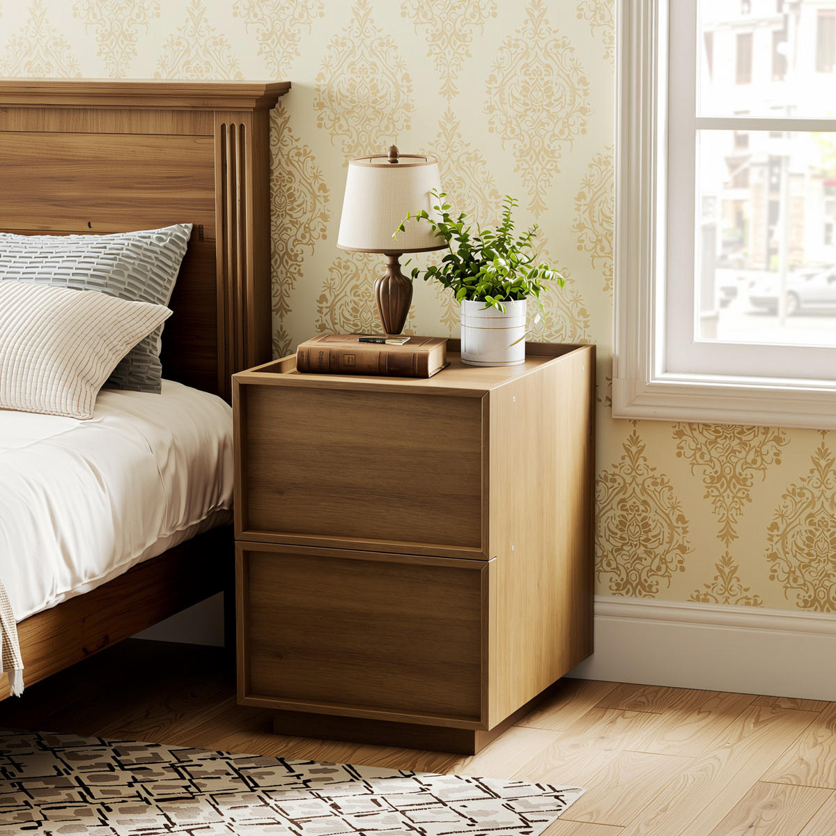 NOČNÍ STOLEK dub 38 cm, 2 zásuvky, ochrana proti převrácení - barva dubu, kompozitní dřevo (38/50/48cm) - Urban Meuble