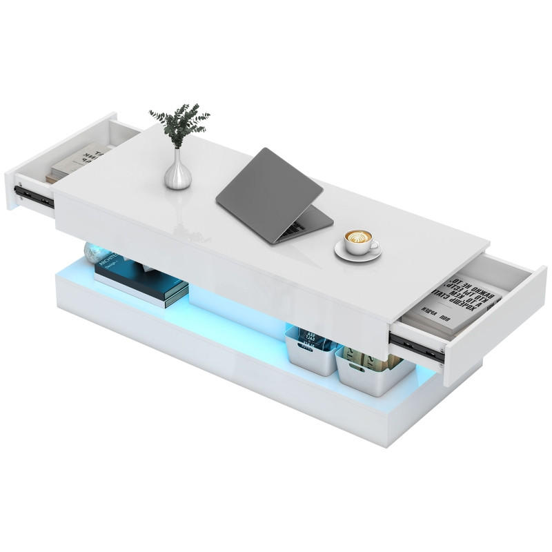 COUCHTISCH 120/50/42 cm weiß aus Holz mit LED-Beleuchtung und Schubladen - Weiß, Holz (120/50/42cm) - OKWISH