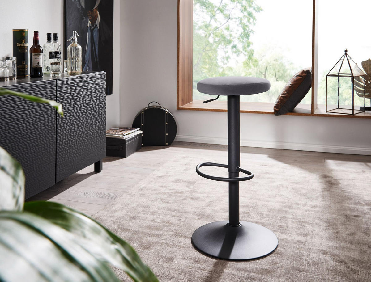 BARHOCKER Höhenverstellbar Eisen Samt Drehbar CAMPANIA, Grau 40x40x79 cm - Schwarz/Grau, Textil/Metall (40/79/40cm) - KADIMA DESIGN