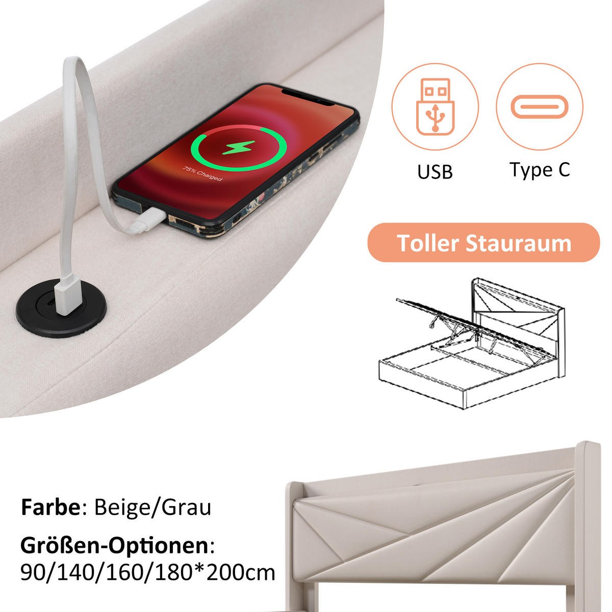 POLSTERBETT 140/200 cm Beige mit Stauraum und USB- und Type-C-Anschlüssen aus Baumwoll-Leinen - Beige, Textil (140/200cm) - OKWISH