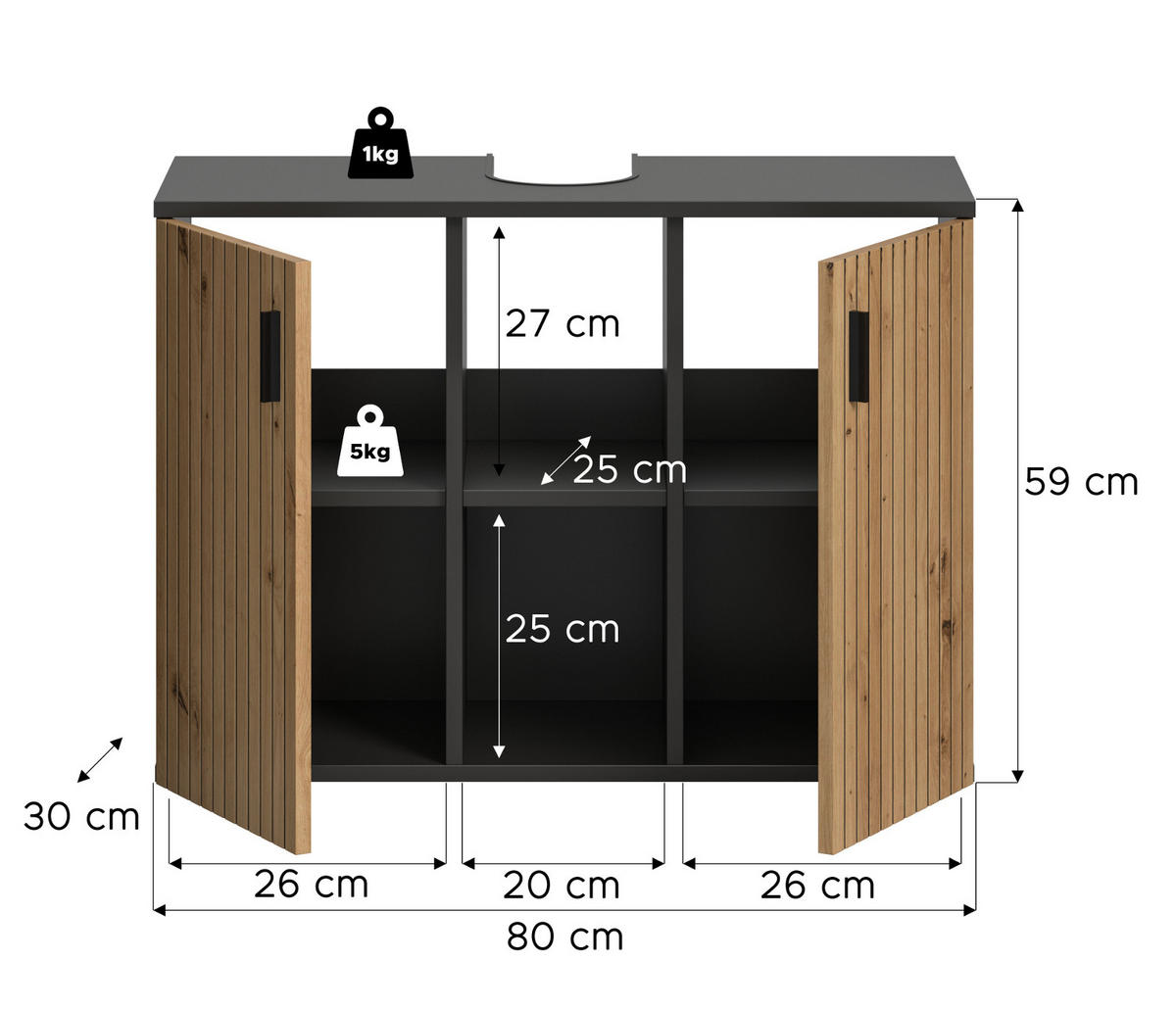 WASCHBECKENUNTERSCHRANK Eiche Artisan, grau 80 cm, Badezimmer Unterschrank mit Rillen-Optik - Schwarz/Eiche Artisan, Holzwerkstoff/Kunststoff (80/59/30cm) - Inn.Furn