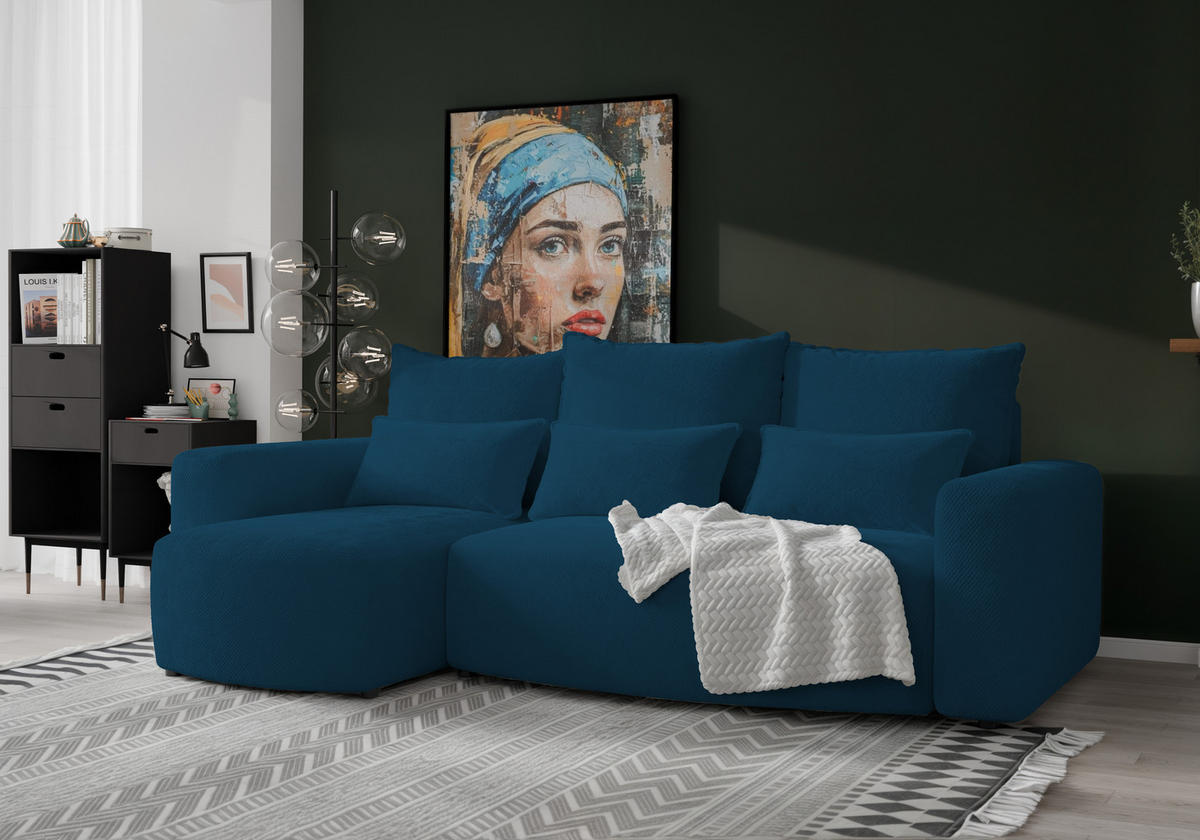 ECKSOFA Travis mit Bettkasten und Schlaffunktion, L-Form, Cord, Universal - Dunkelblau, Holzwerkstoff (248/148cm) - 4ALL HOME
