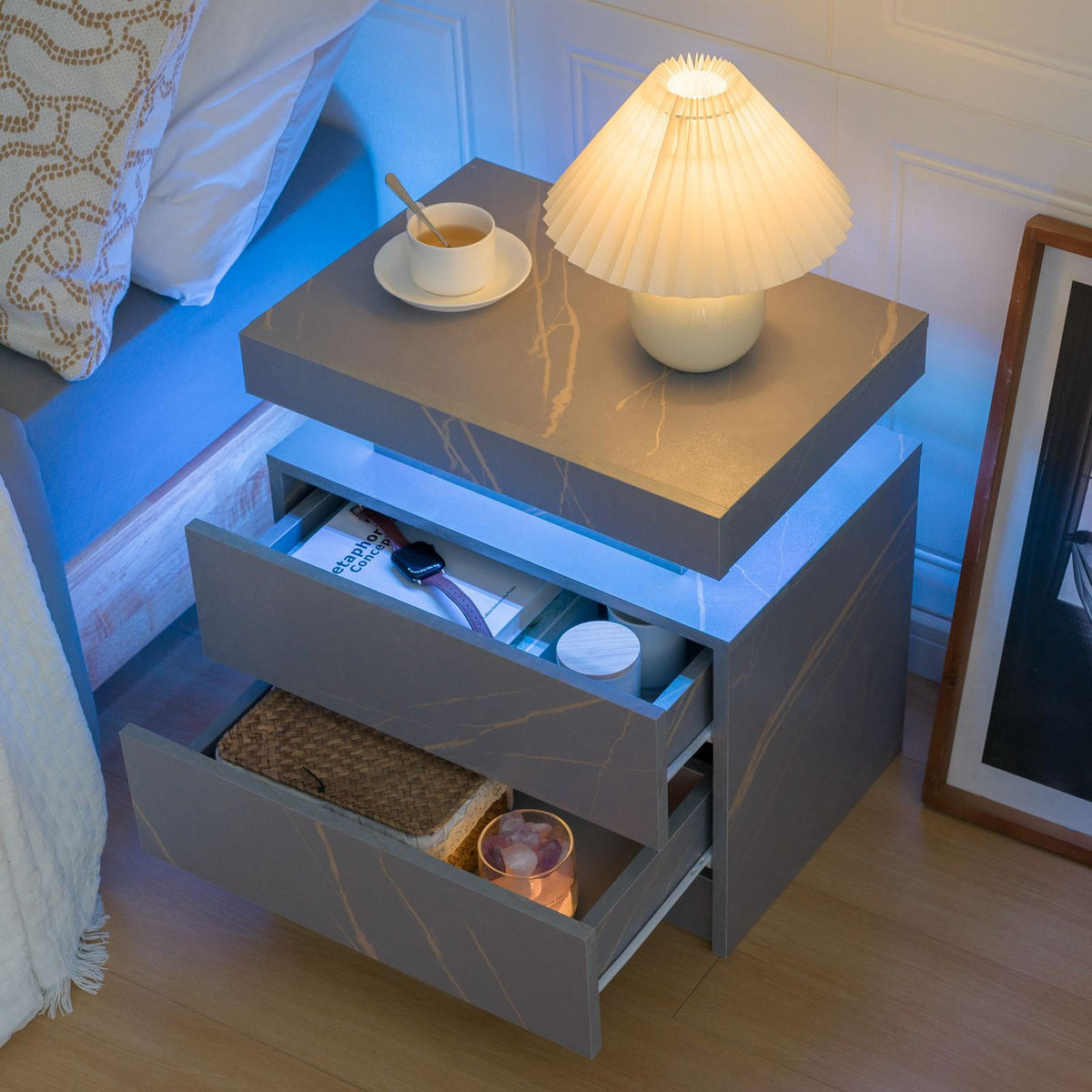 NACHTTISCH 50/53/36 cm Grau und Gold aus Holzwerkstoff mit LED-Beleuchtung und 2 Schubladen - Grau, Holzwerkstoff (53/36/50cm) - OKWISH