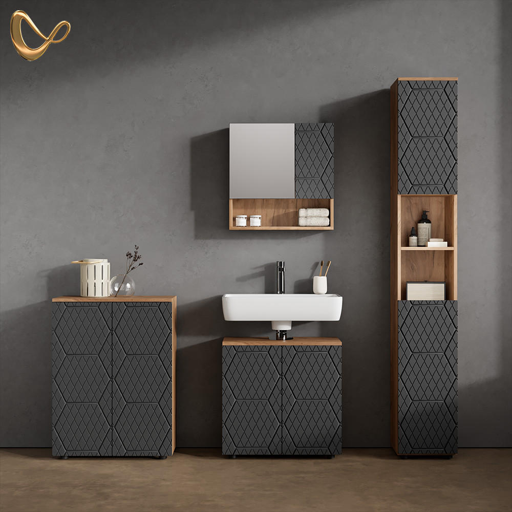BADMÖBEL-SET Ronco Anthrazit gestreift 4 Teile, mit Hochschrank und Kommode - Anthrazit, Holzwerkstoff (60/59/30cm) - Livinity®