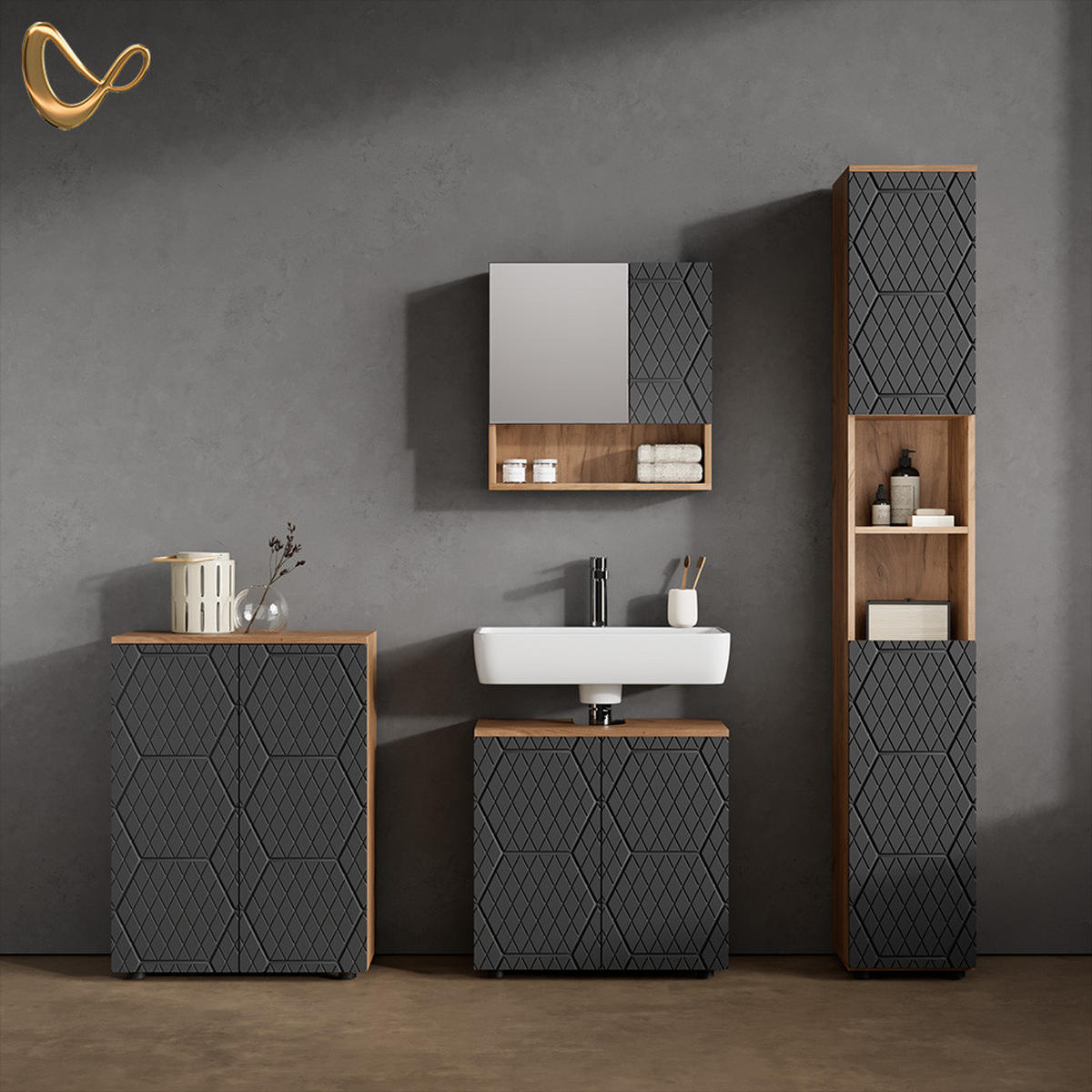 BADMÖBEL-SET Ronco Anthrazit gestreift 4 Teile, mit Hochschrank und Kommode - Anthrazit, Holzwerkstoff (60/59/30cm) - Livinity®